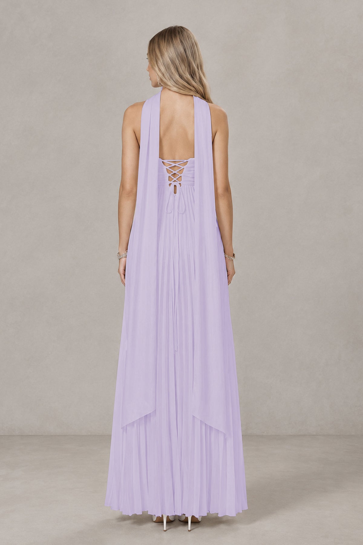 BOLODOO Lilac Strapless Chiffon-Look Maxi Dress with Lace-Up Back & Cape - Lilac