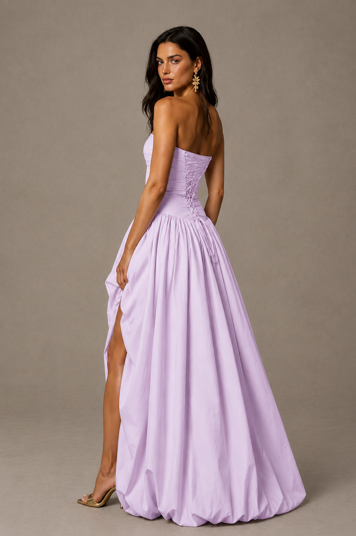 BOLODOO Lilac Strapless Ruched Corset Lace-Up Back Bubble Skirt High Slit Taffeta Maxi Dress - Lilac