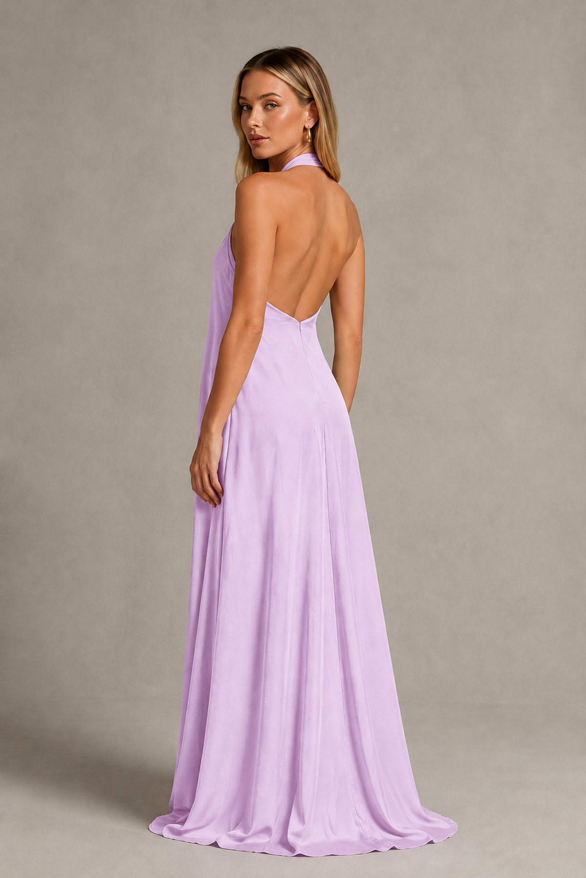 BOLODOO Lilac Backless Halter Satin Bridesmaid Dress - Lilac