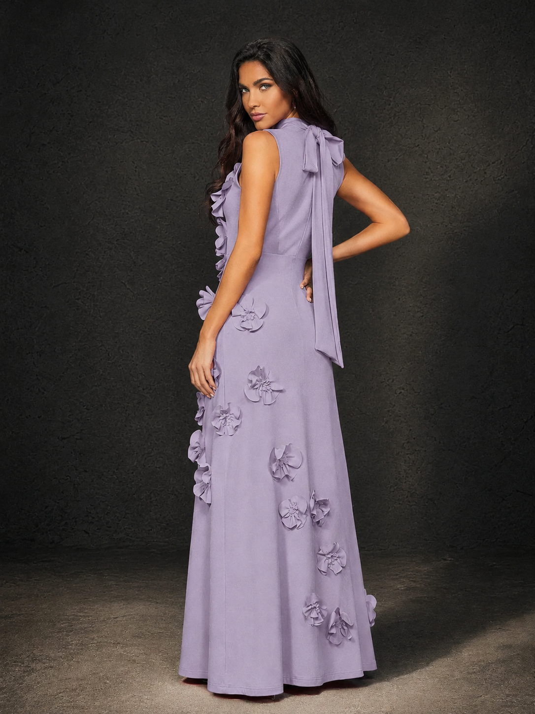BOLODOO Lilac Mock Neck Sleeveless 3D Floral Appliqué Maxi Dress with Bow Back - Lilac