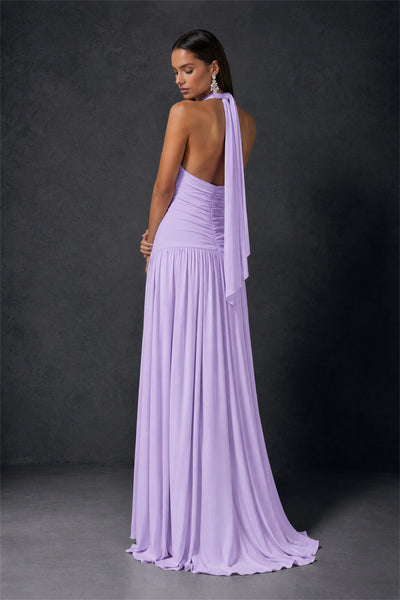 BOLODOO Lilac Halter Deep V-Neck Ruched Chiffon Open Back Maxi Dress with Draped Neck Tie - Lilac