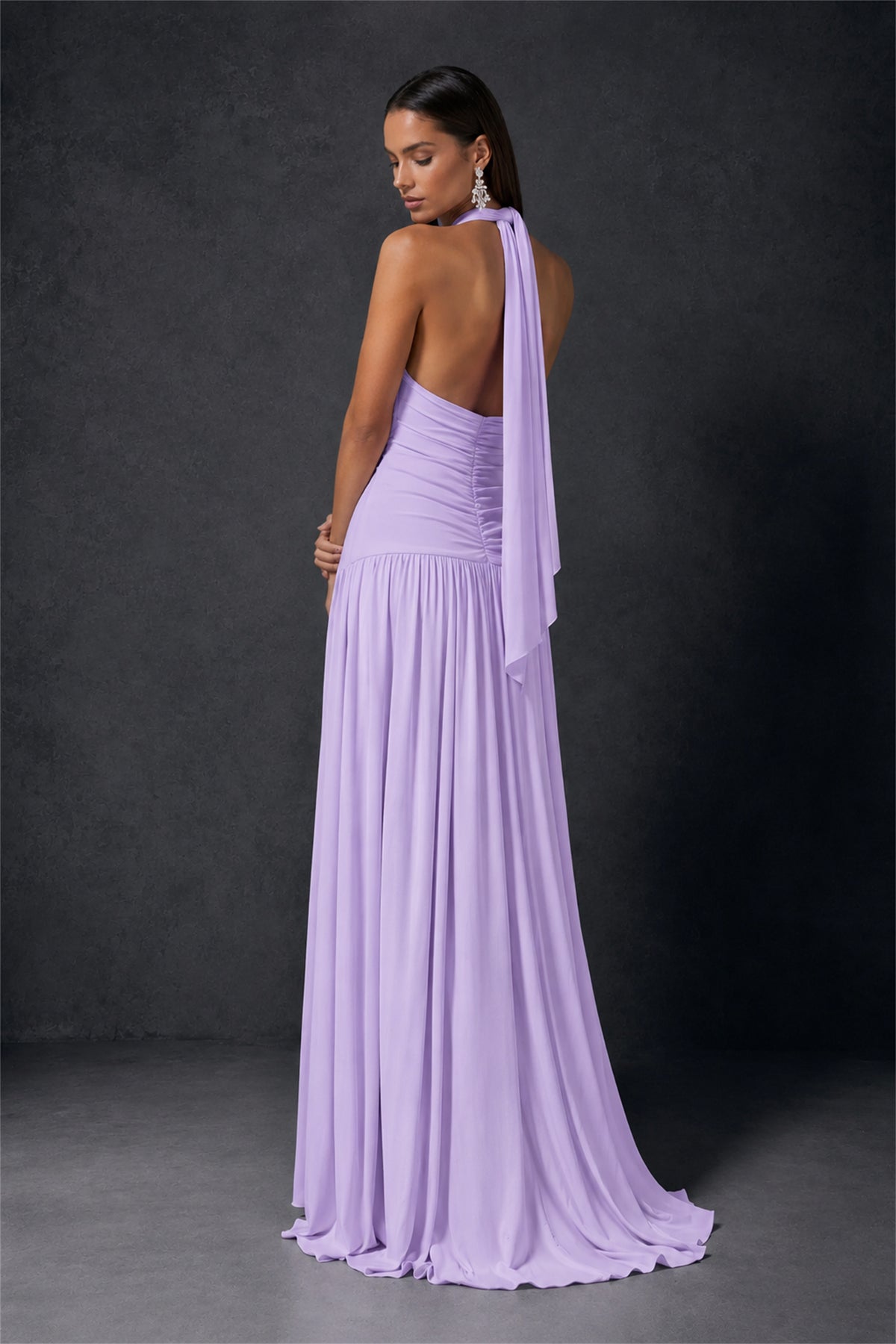 BOLODOO Lilac Halter Deep V-Neck Ruched Chiffon Open Back Maxi Dress with Draped Neck Tie - Lilac