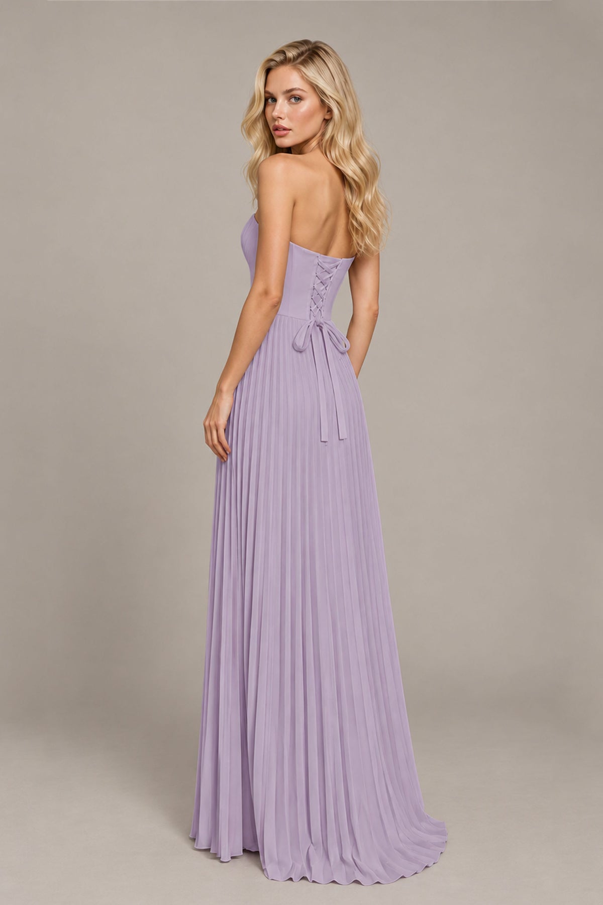 BOLODOO Lilac Strapless Sunburst Pleated Twisted Knot Lace-Up Back Accordion Pleated Chiffon Maxi Dress - Lilac