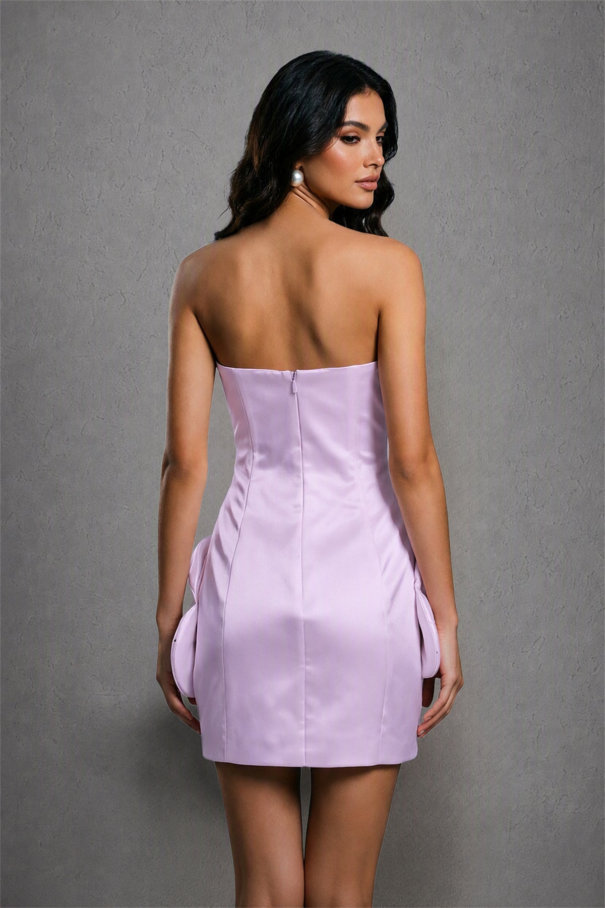 BOLODOO Lilac 3D Floral Satin Strapless Mini Wedding Dress - Lilac
