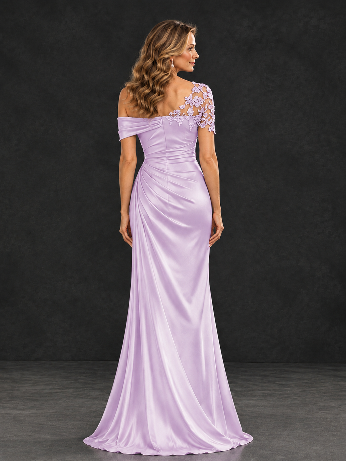 BOLODOO Lilac Asymmetric Satin Mother of the Bride Dress with Lace Sleeve - Lilac - Lilac (2)