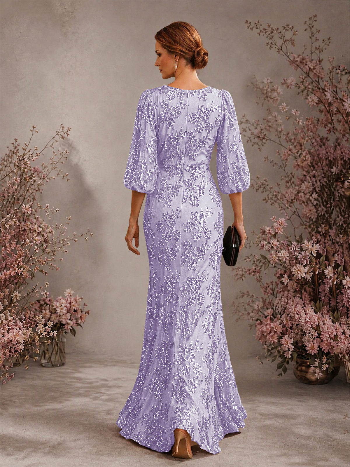 BOLODOO Lilac V-Neck Lantern Sleeve All-Over Sequin Floral Embroidered Mermaid Gown - Lilac
