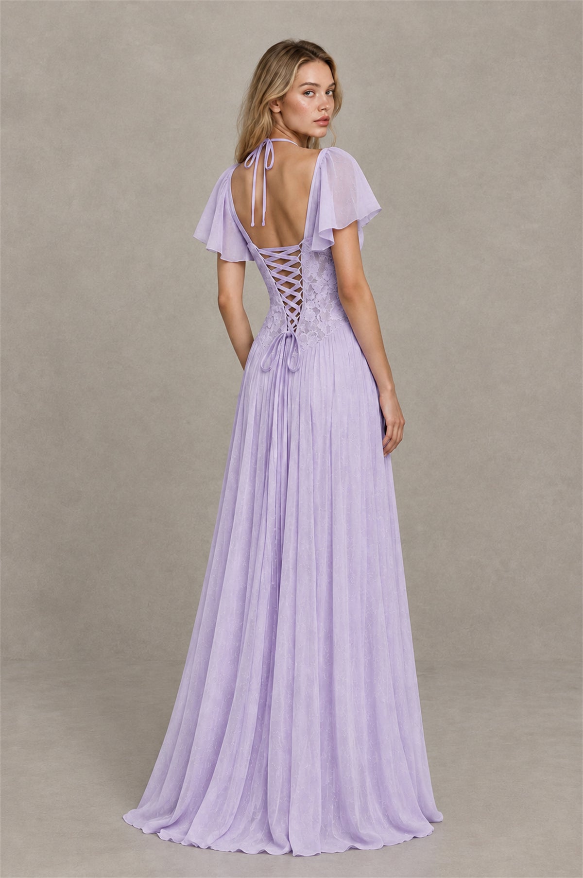 BOLODOO Lilac Flutter Sleeve Lace Corset A-Line Maxi Dress - Lilac - Lilac (2)
