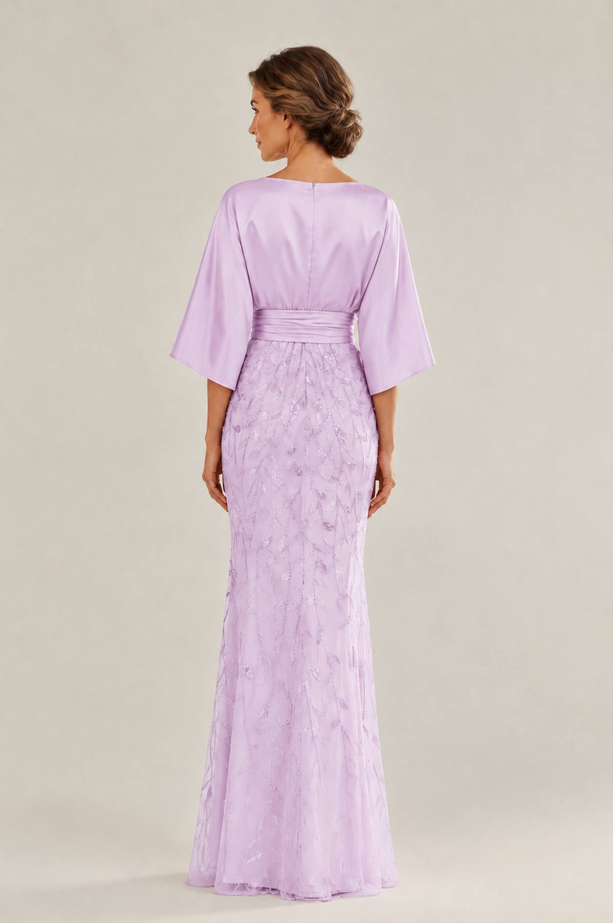 BOLODOO Lilac Mother of the Bride Dress with Kimono Sleeves, Satin Bodice & Sequin Embroidered Mermaid Floor-Length Gown - Lilac - Lilac (2)