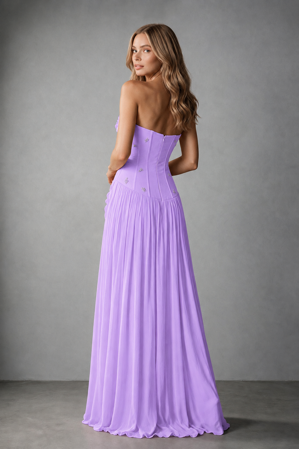 BOLODOO Lilac Strapless Floral Appliqué Evening Gown - Lilac