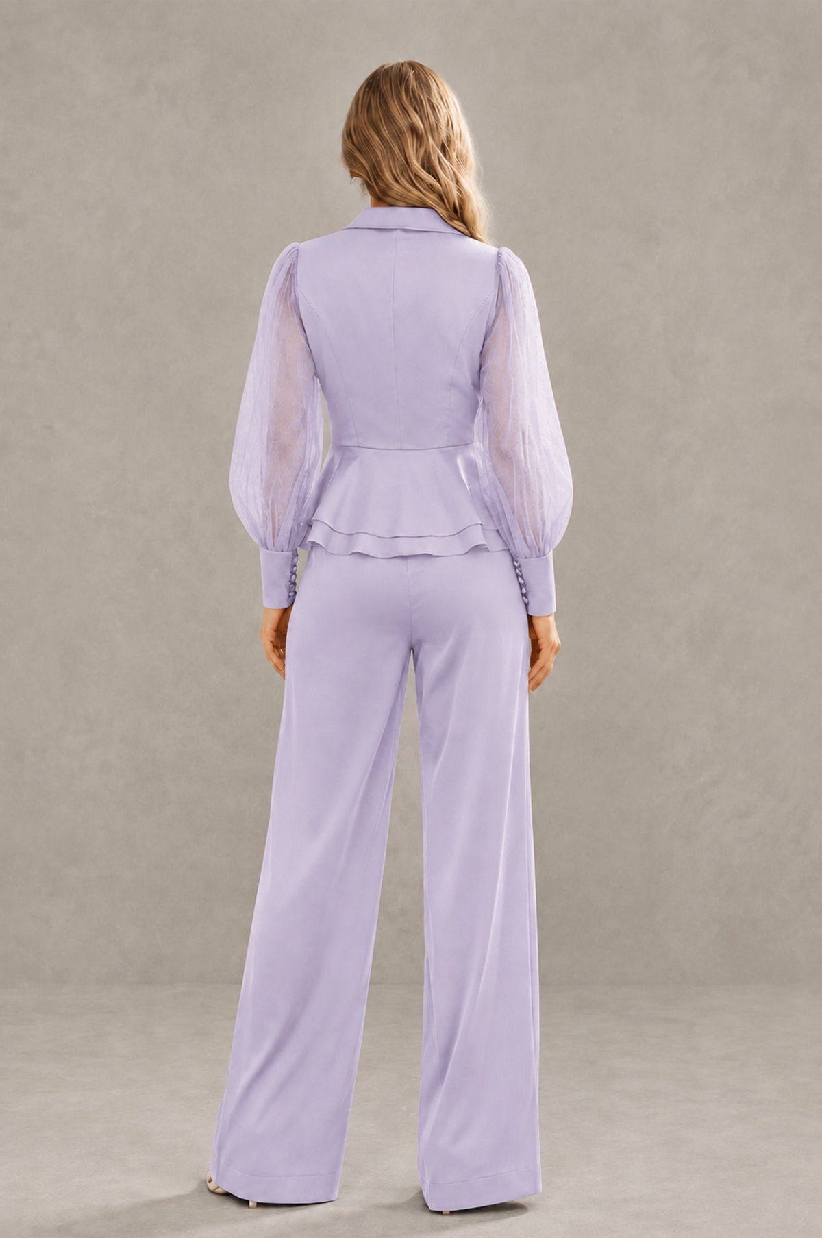 BOLODOO Mint Lilac Peplum Blazer Wide-Leg Pantsuit with Sheer Puff Sleeves - Lilac
