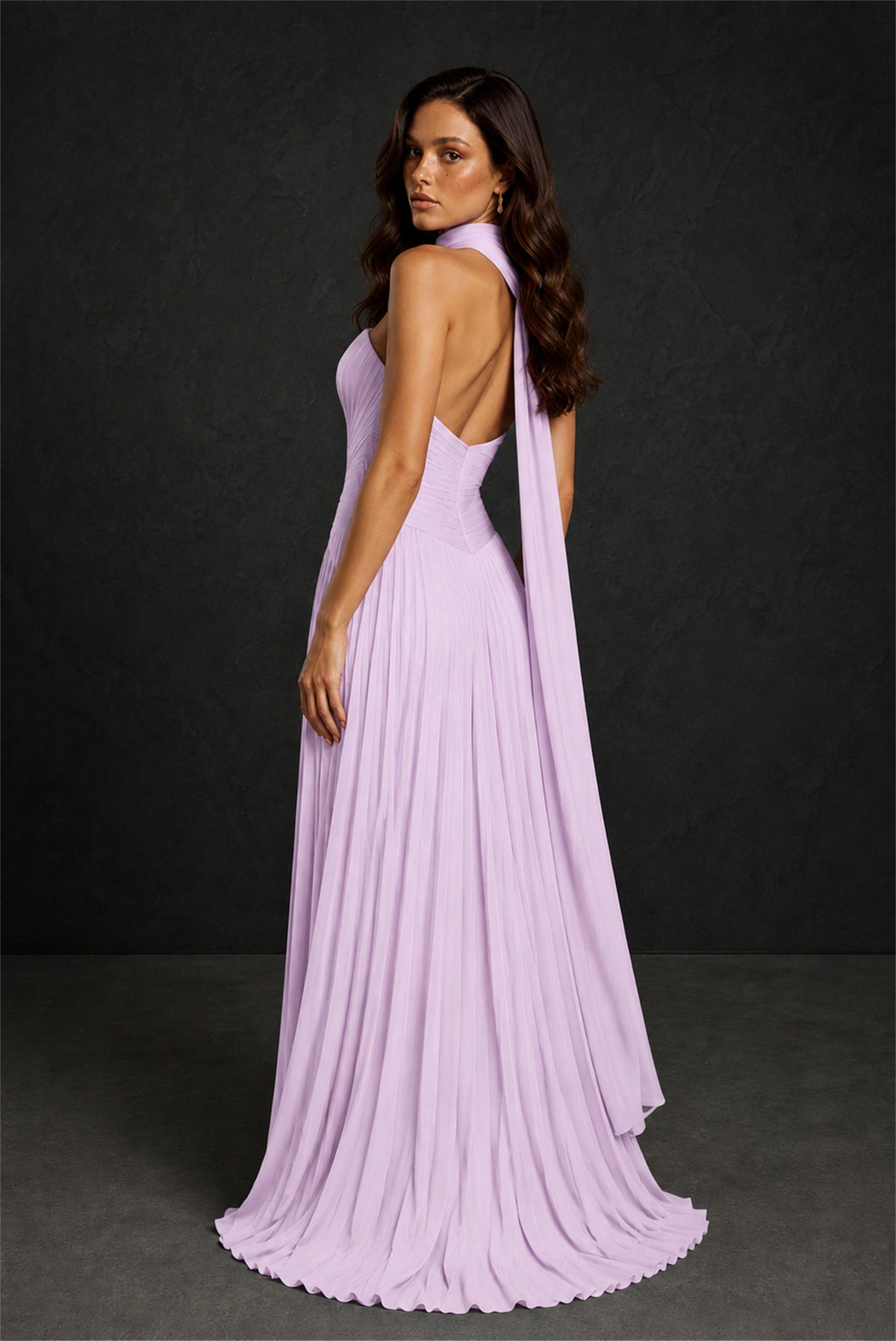 BOLODOO Lilac Sweetheart Strapless Neck Scarf Pleated Backless A-Line Chiffon Maxi Dress - Lilac