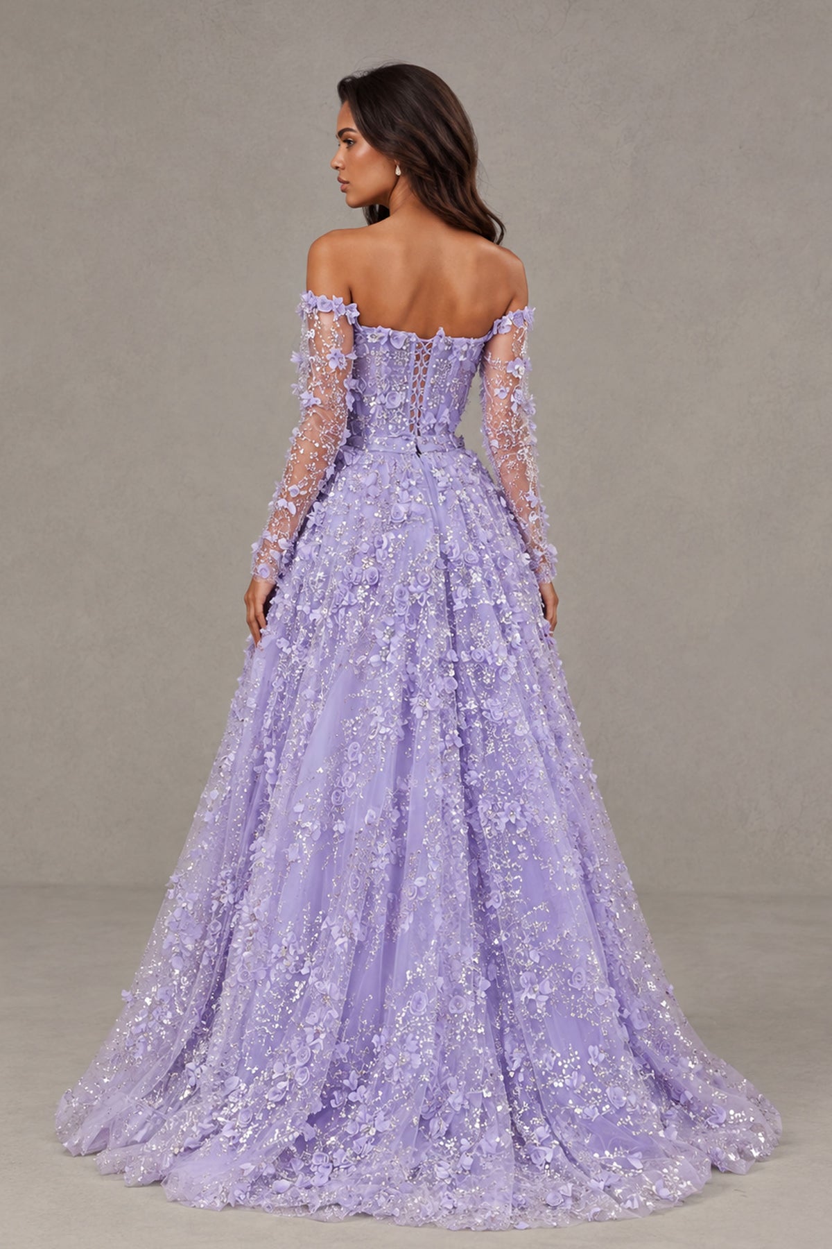 BOLODOO Lilac Off Shoulder Floral Lace Gown with Long Sleeves - Lilac