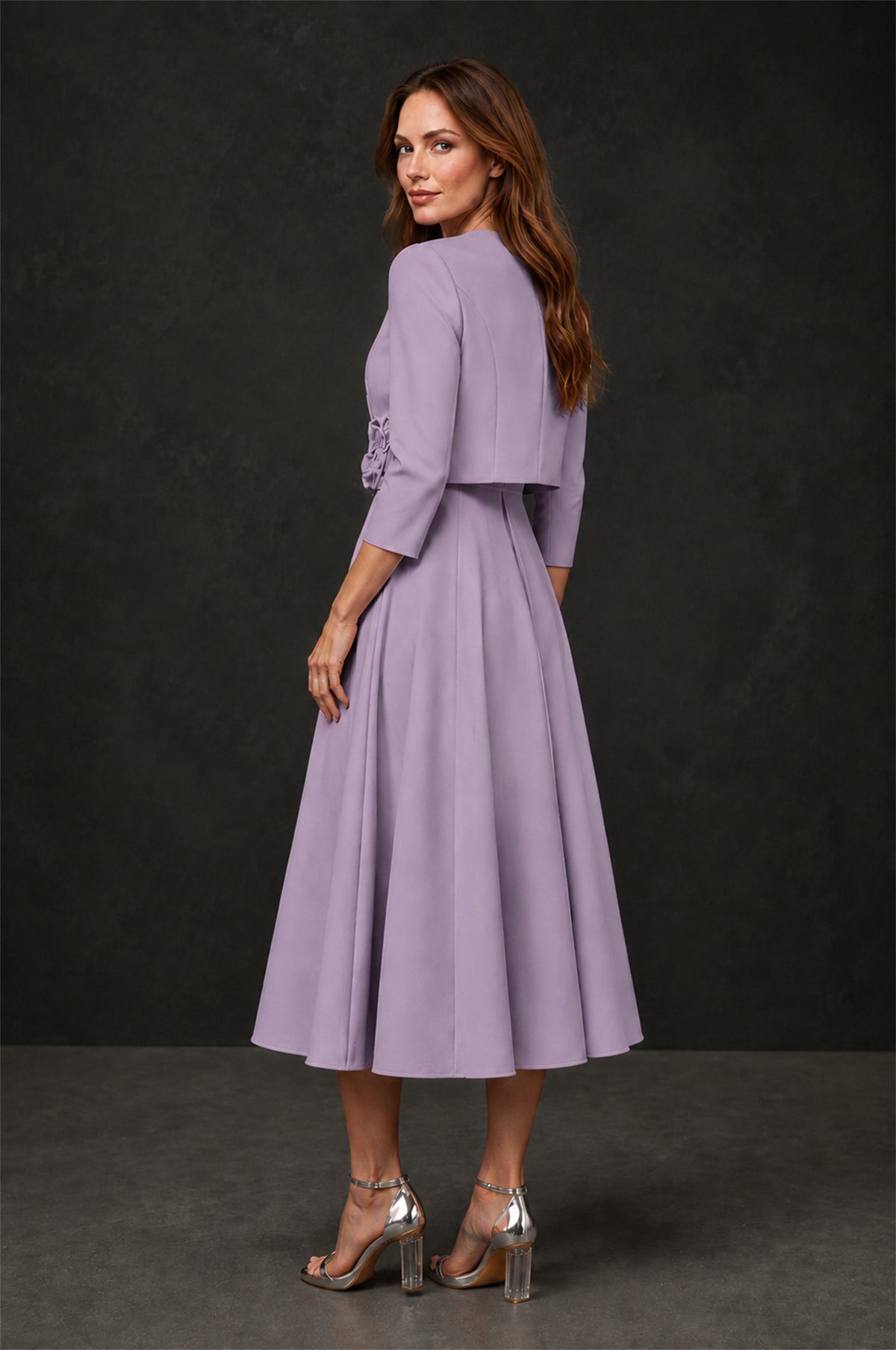 BOLODOO Lilac 3D Rosette Appliqué 3/4 Sleeve Jacket & V-Notch Sleeveless A-Line Tea-Length Two-Piece Dress Set - Lilac
