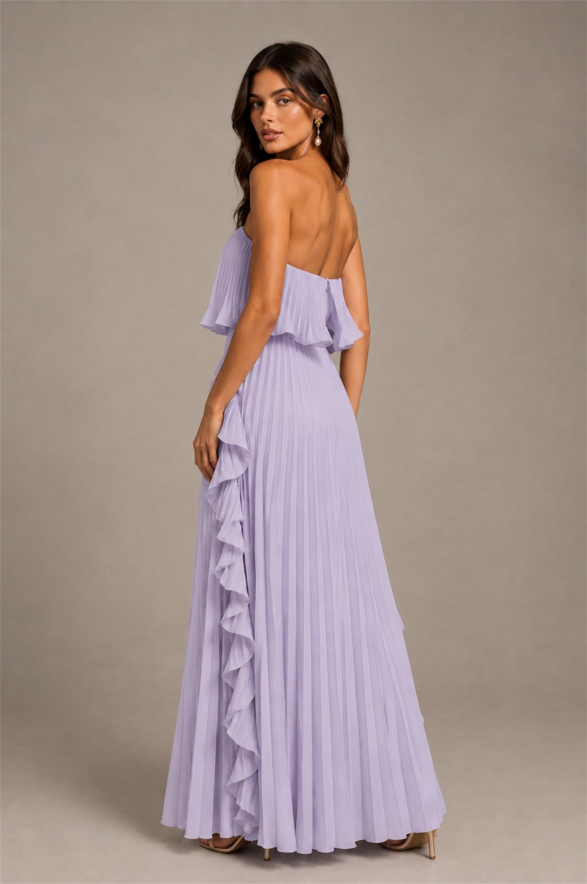 BOLODOO Lilac Strapless Ruffle Bodice Dual Cascading Ruffle Accordion Pleated Chiffon Maxi Dress - Lilac