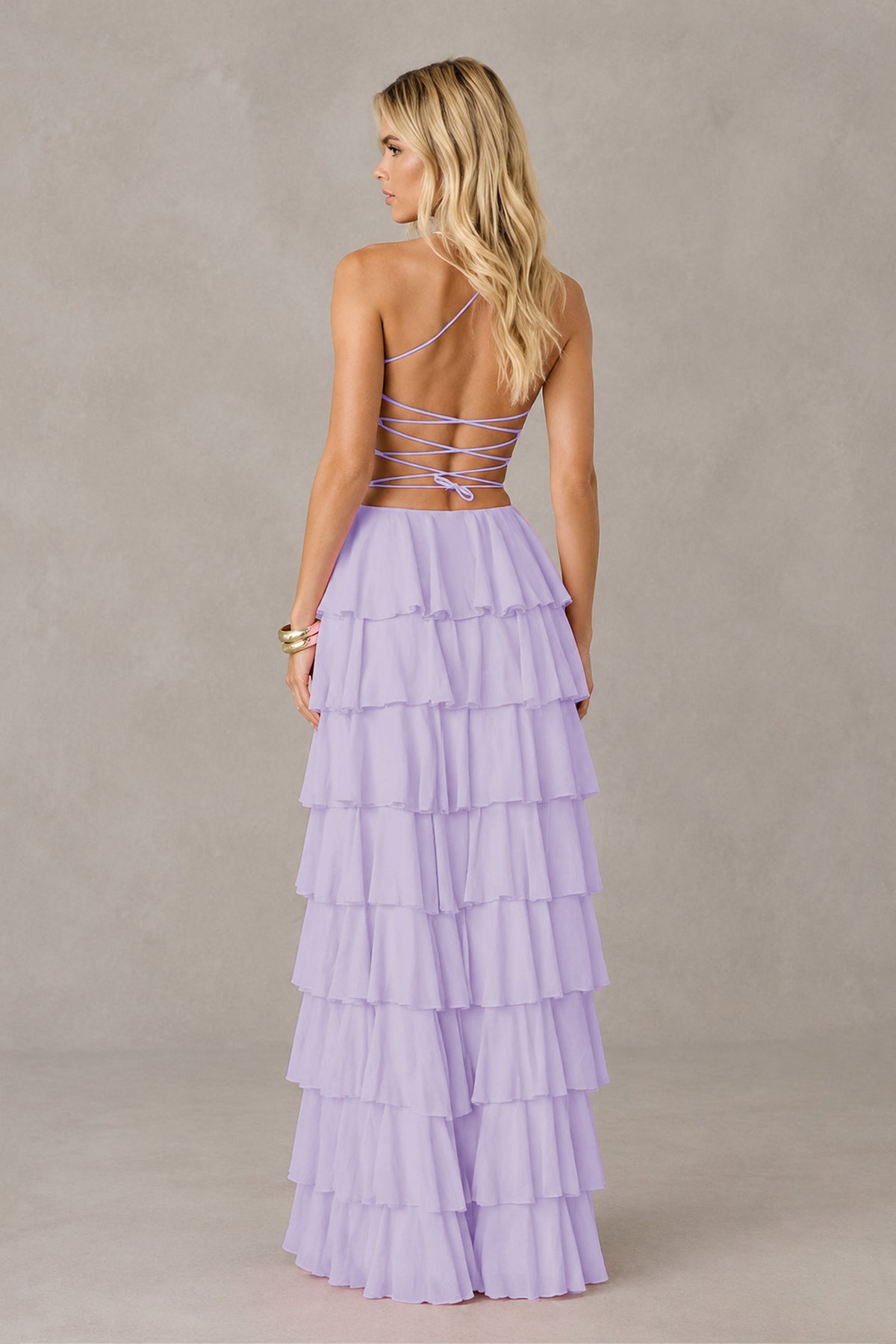 BOLODOO Lilac Strapless Tiered Ruffle Maxi Dress with Slit & Lace-Up Back - Lilac