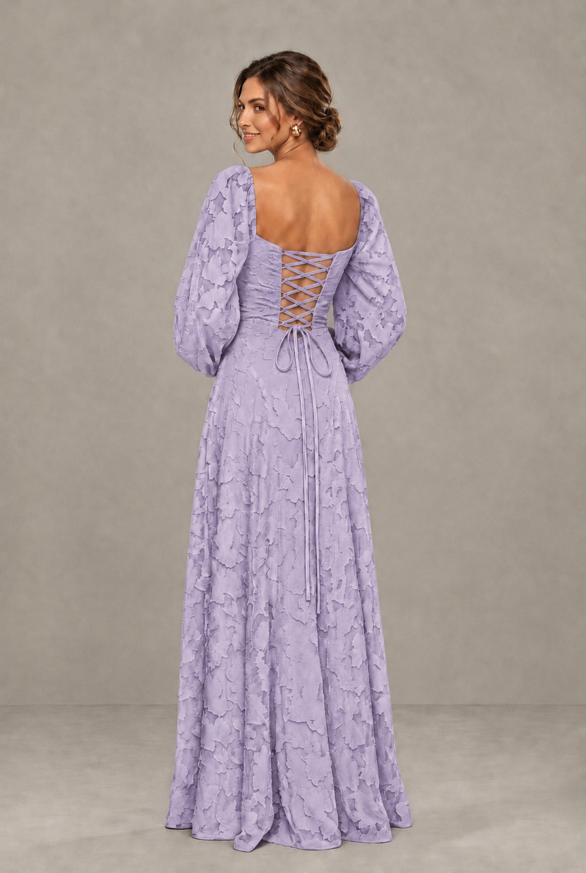 BOLODOO Floral Lilac Long Sleeve A-Line Dress with Lace-Up Back - Lilac