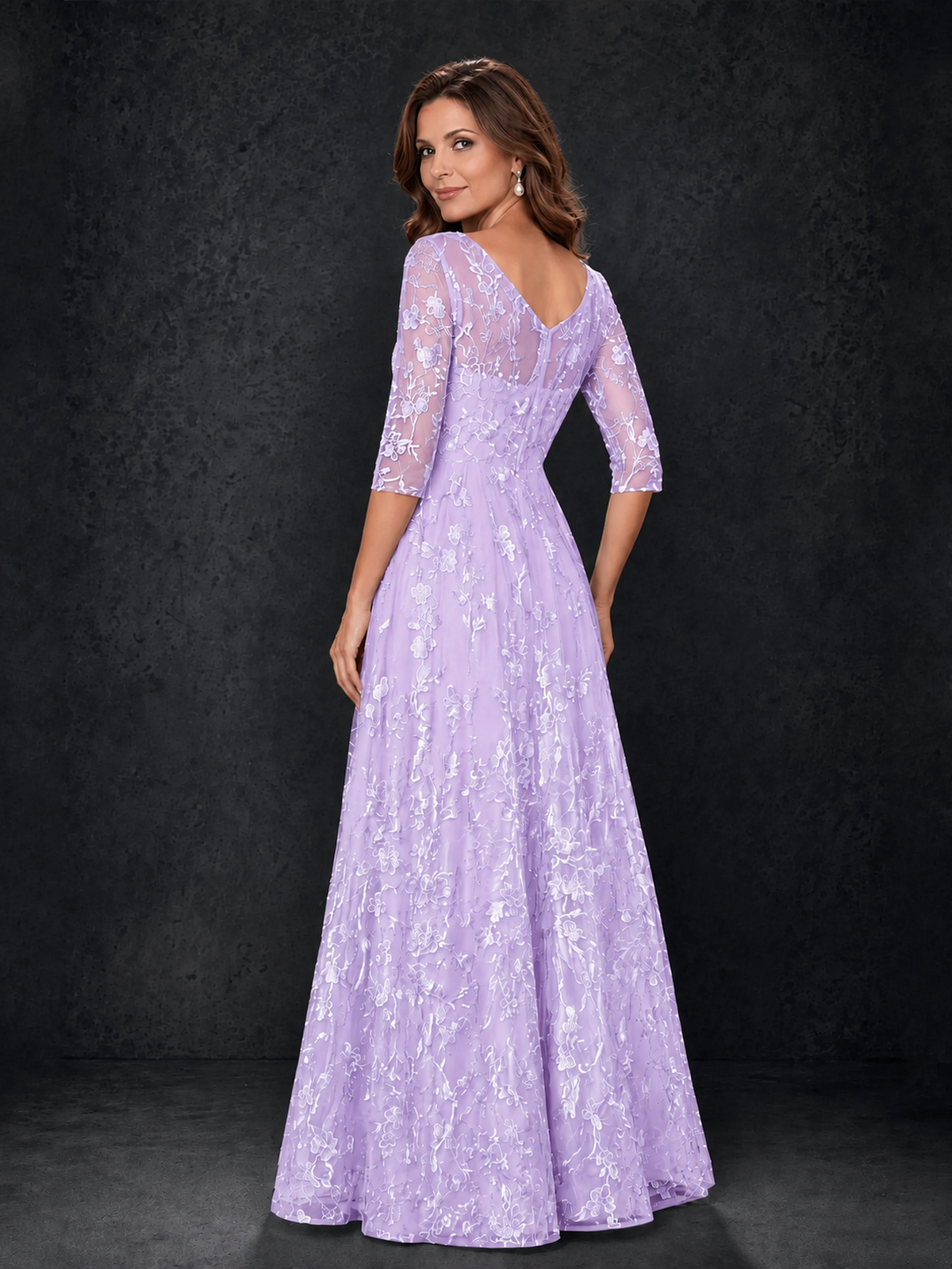 BOLODOO Steel Lilac Floral Lace A-Line Mother of the Bride Dress with 3/4 Sleeves - Lilac