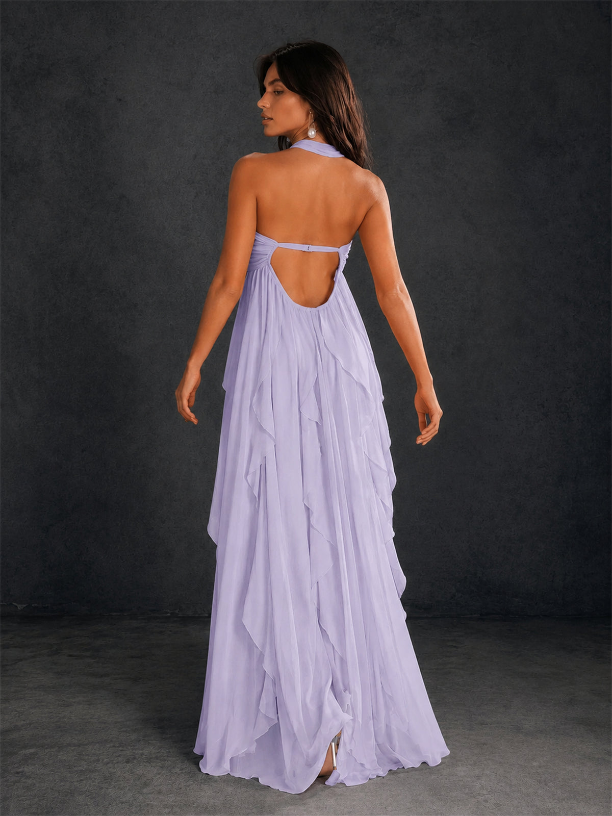 BOLODOO Lilac Halter Neck Cascading Ruffle Chiffon Maxi Dress | Keyhole Open Back - Lilac