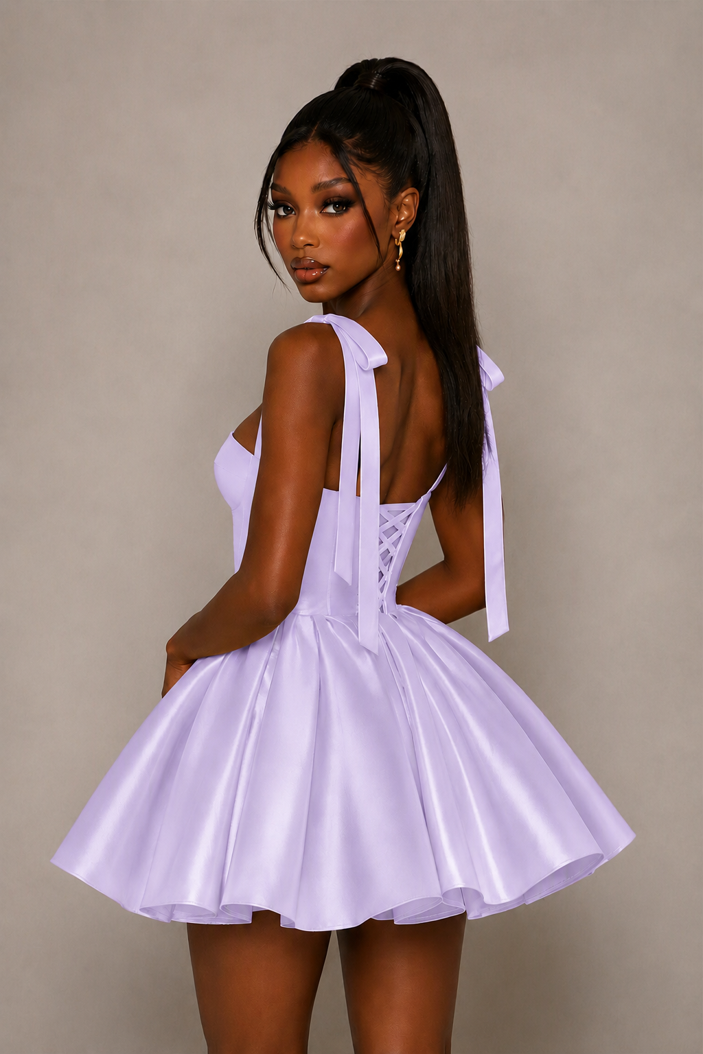 BOLODOO Lilac Satin Sweetheart Corset Bow Strap Lace-Up Open Back Full Skirt Mini Dress | Prom Cocktail Party Dress - Lilac