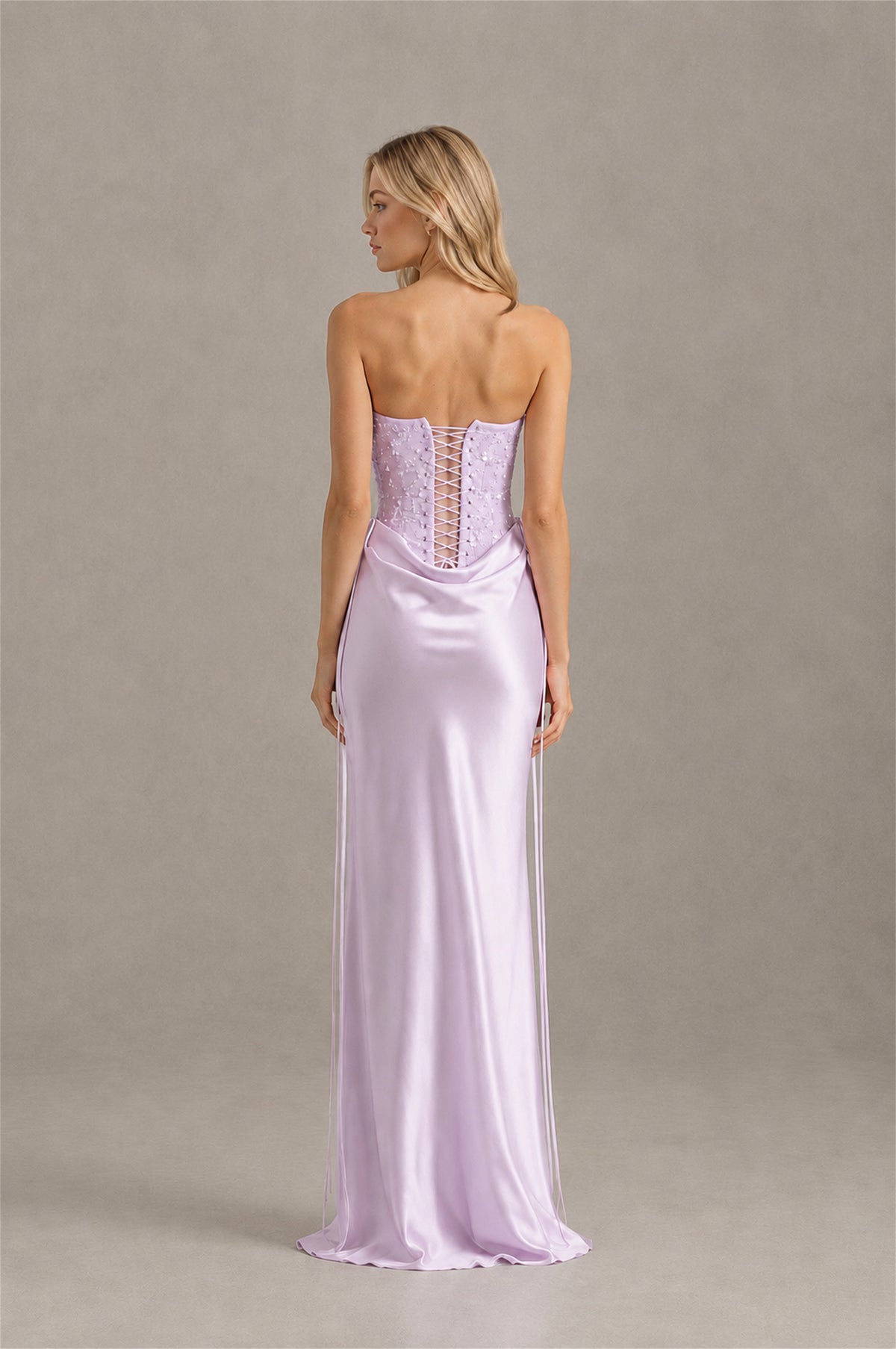 BOLODOO Lilac Strapless Embellished Corset Satin-Look Maxi Dress - Lilac