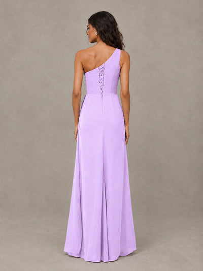 BOLODOO Lilac One-Shoulder Chiffon Bridesmaid Dress with Ruched Bodice & High Slit - Lilac - Lilac (2)