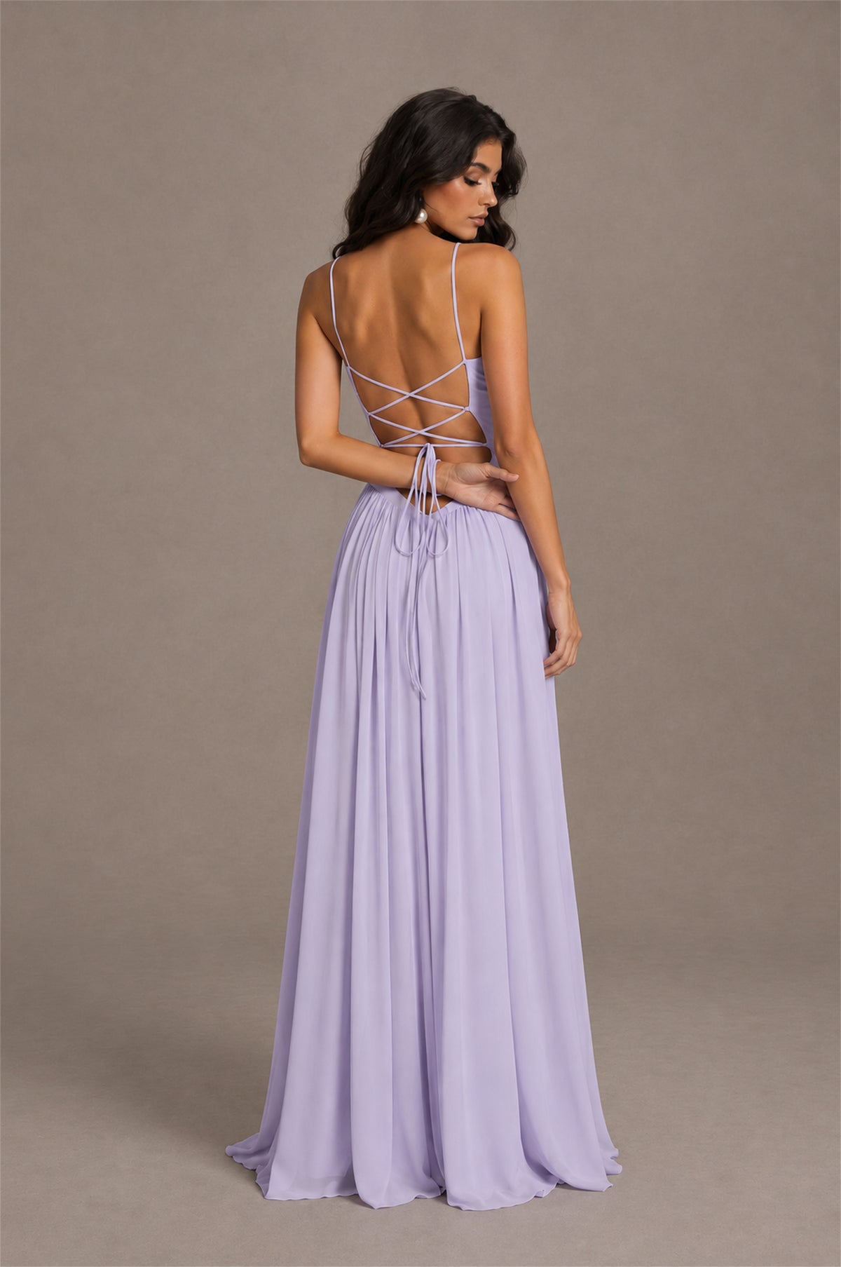 BOLODOO Lilac Spaghetti Strap Square Neck Ruched Chiffon Maxi Dress with Lace-Up Back - Lilac