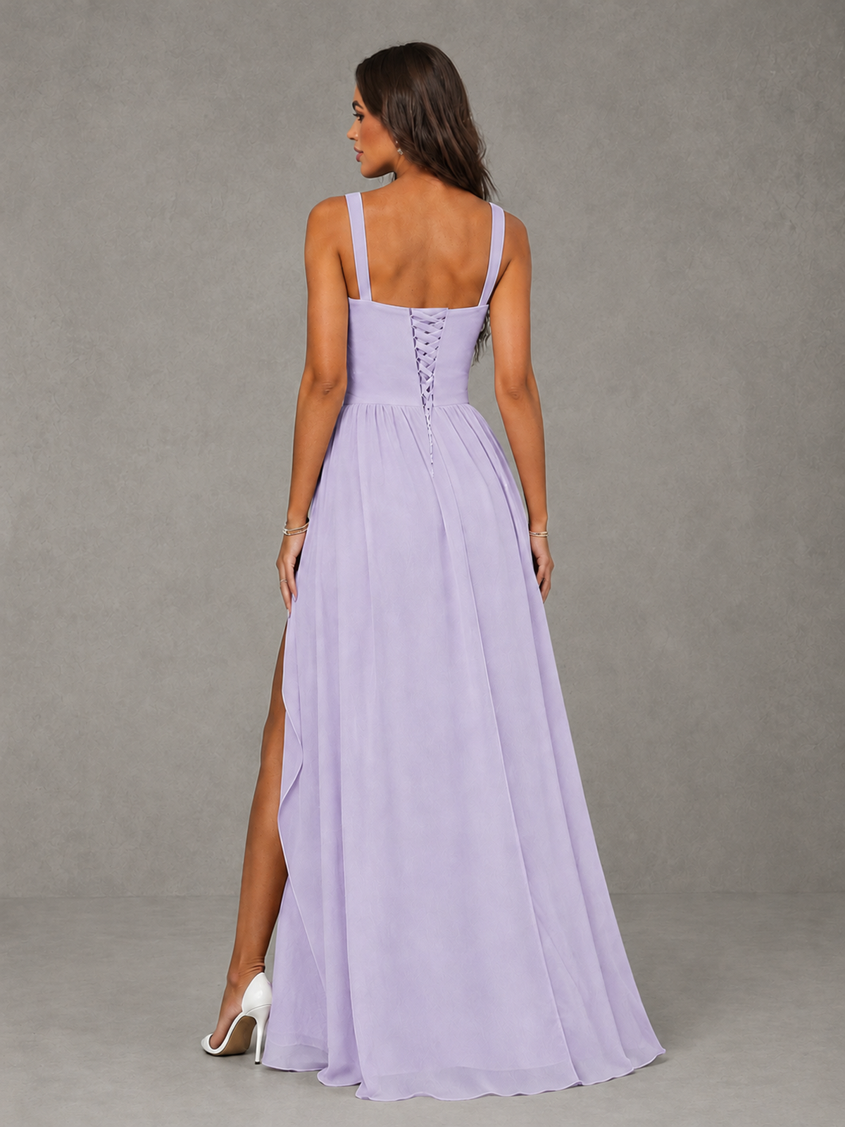 BOLODOO Lilac A-Line Bridesmaid Dress with High Slit & Lace-Up Back - Lilac - Lilac (2)