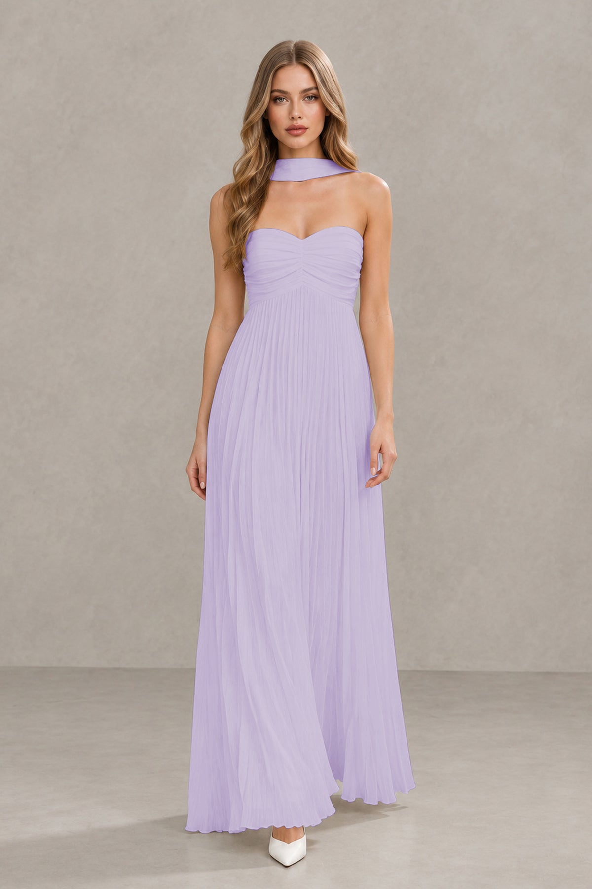 BOLODOO Lilac Strapless Chiffon-Look Maxi Dress with Lace-Up Back & Cape - Lilac