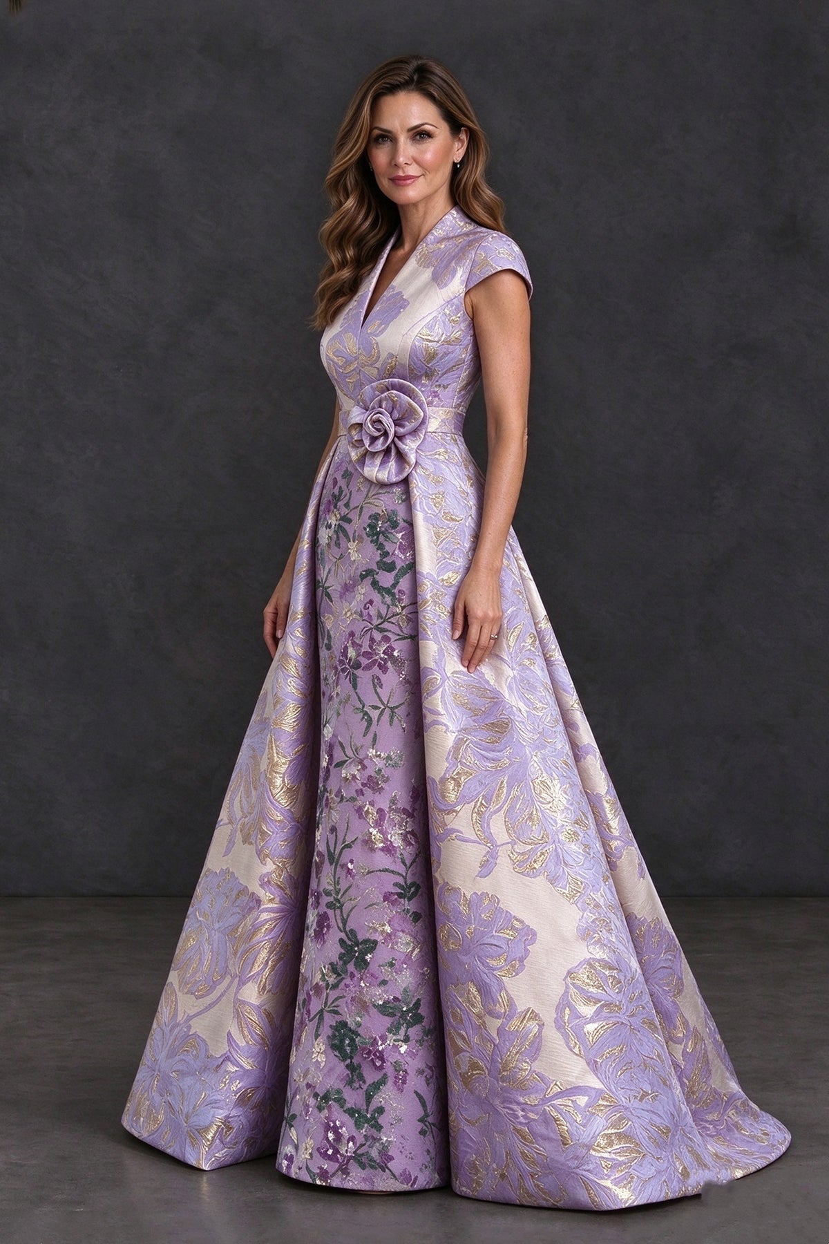 BOLODOO Lilac Floral Jacquard V-Neck Mother of the Bride Dress - Lilac - Lilac (3)