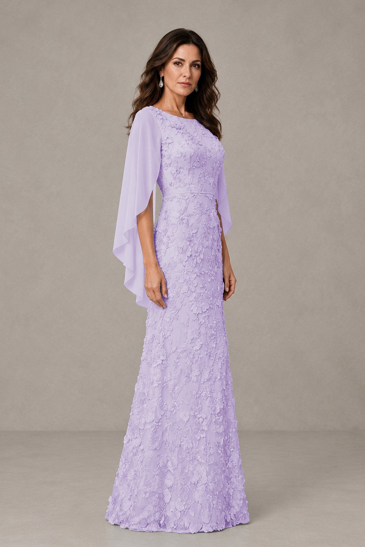 BOLODOO Lilac Lace Mother of the Bride Dress with Cape Sleeves - Lilac