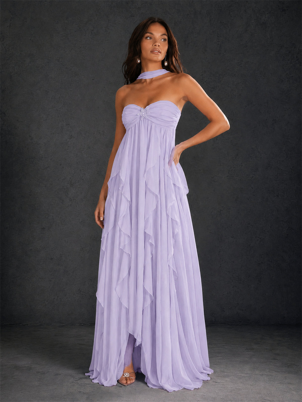 BOLODOO Lilac Halter Neck Cascading Ruffle Chiffon Maxi Dress | Keyhole Open Back - Lilac