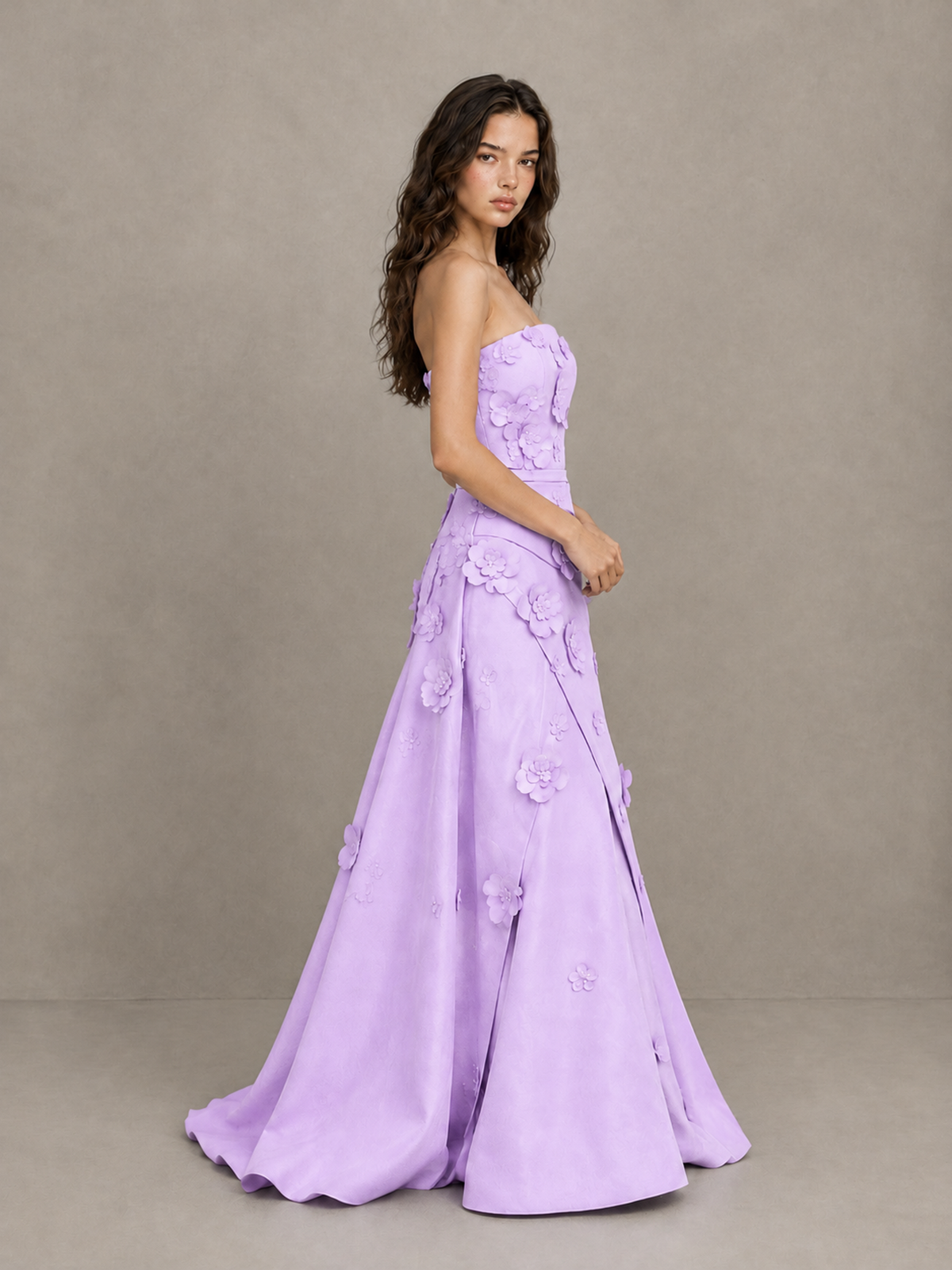 BOLODOO Lilac Strapless 3D Floral Applique Prom Gown with Draped Skirt - Lilac - Lilac (3)