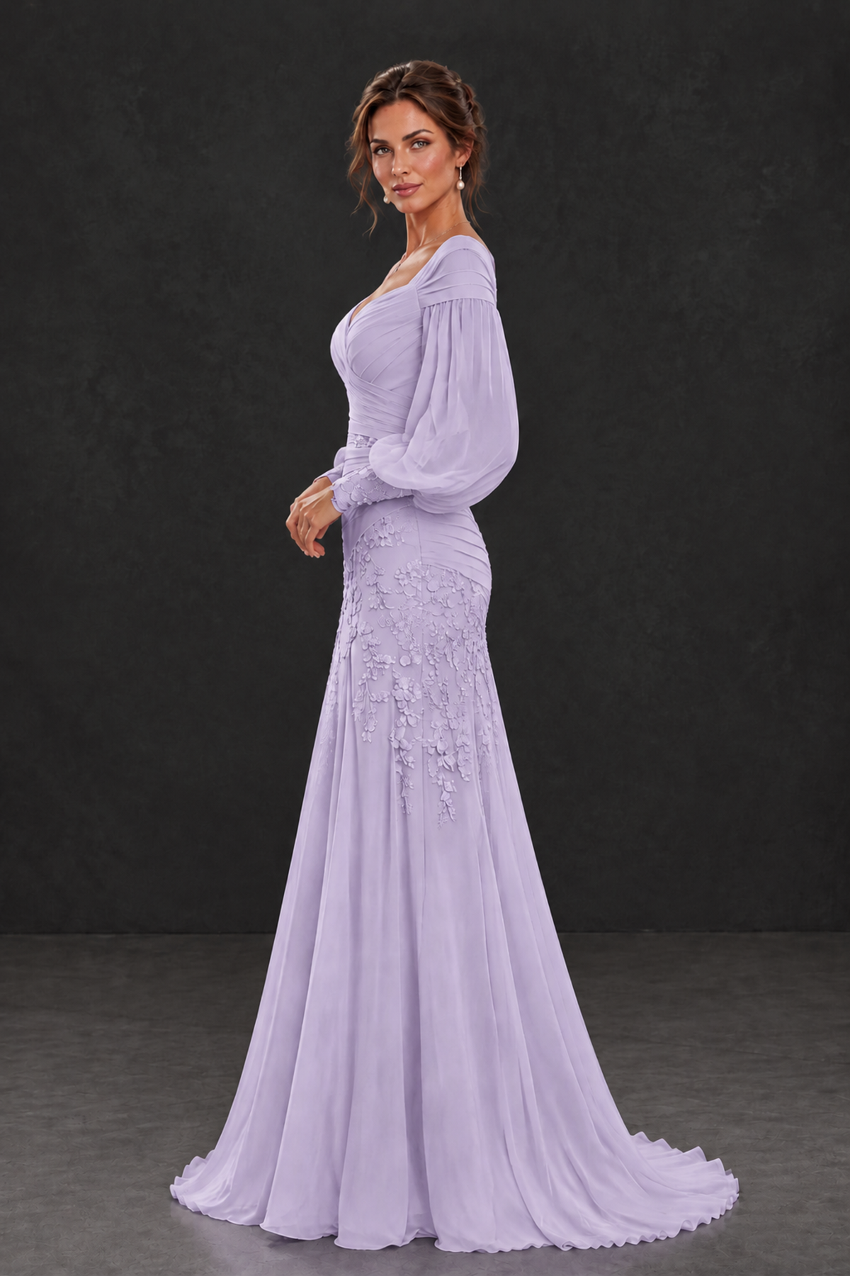 BOLODOO Lilac Long Sleeve Mother of the Bride Dress with Floral Appliqués - Lilac - Lilac (3)
