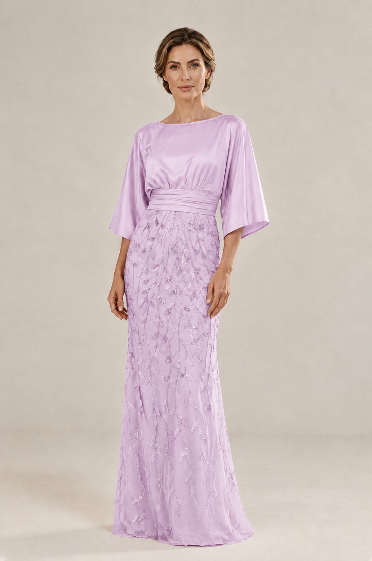 BOLODOO Lilac Mother of the Bride Dress with Kimono Sleeves, Satin Bodice & Sequin Embroidered Mermaid Floor-Length Gown - Lilac - Lilac (3)