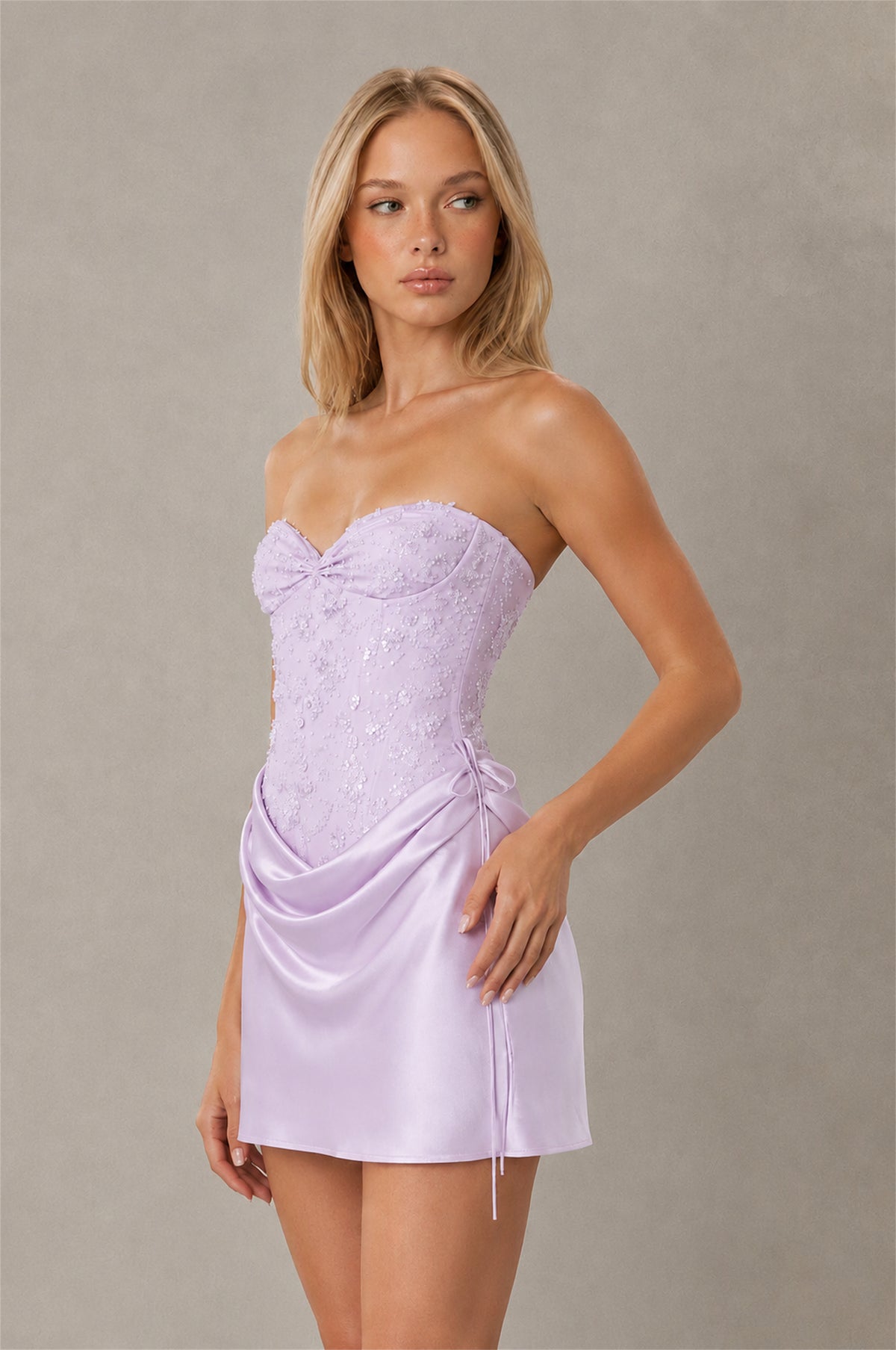 BOLODOO Lilac Lace Corset Strapless Sweetheart Satin Mini Dress with Open Back - Lilac