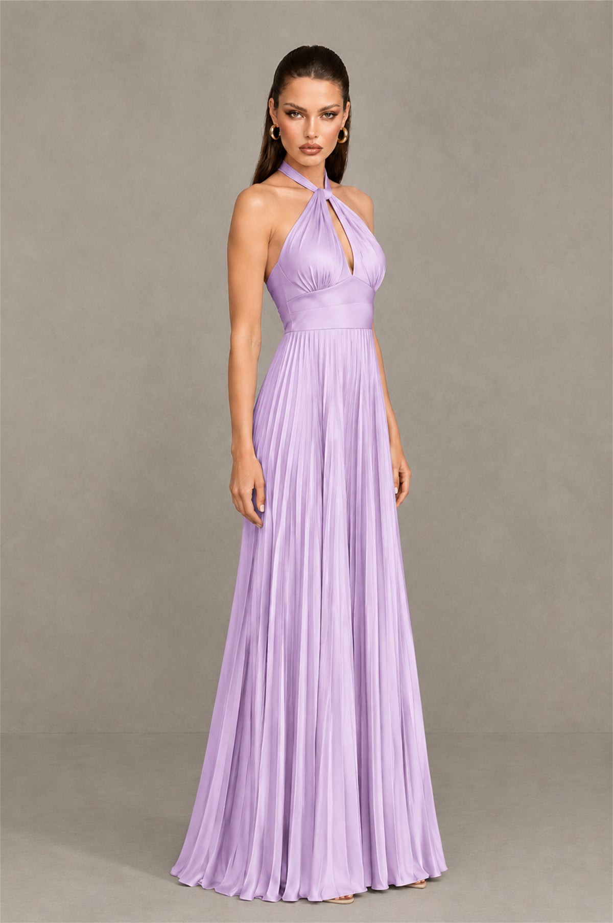 BOLODOO Lilac Halter Pleated A-Line Evening Dress - Lilac