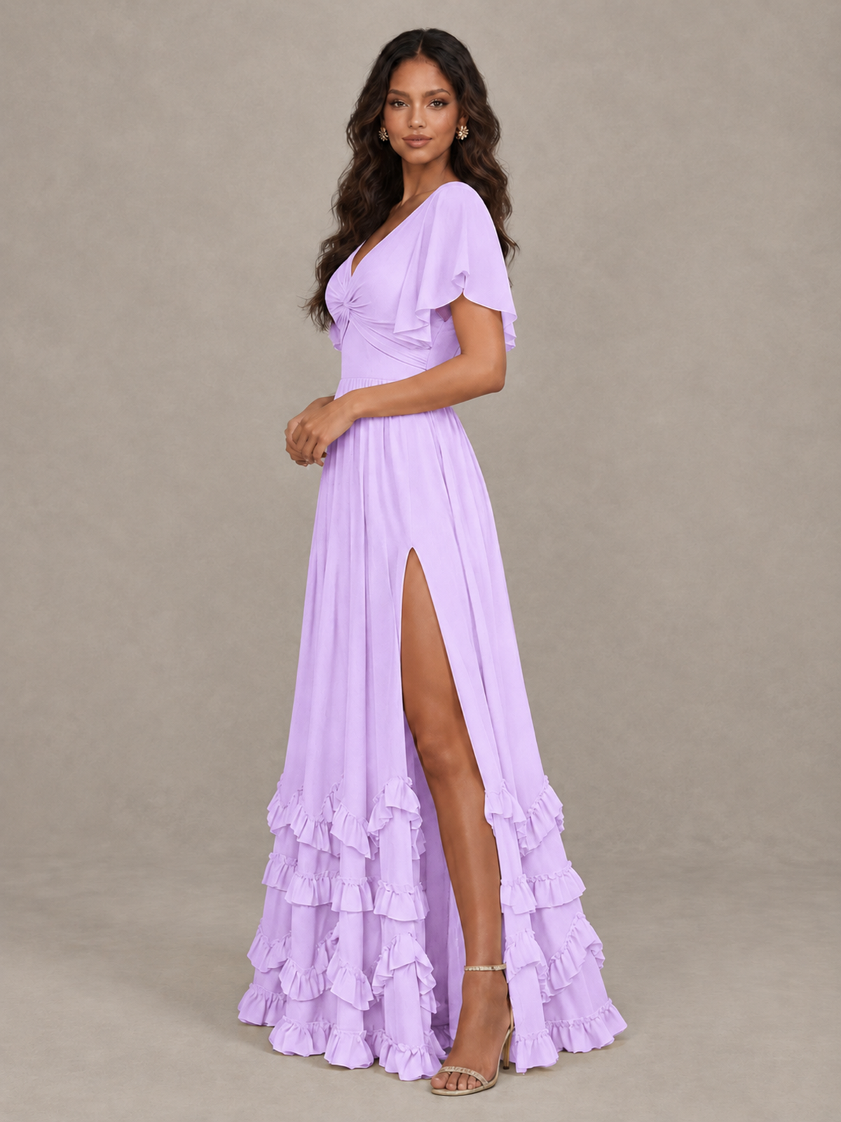 BOLODOO Lilac V-Neck Flutter Sleeve Ruffle Bridesmaid Dress with Slit - Lilac - Lilac (3)