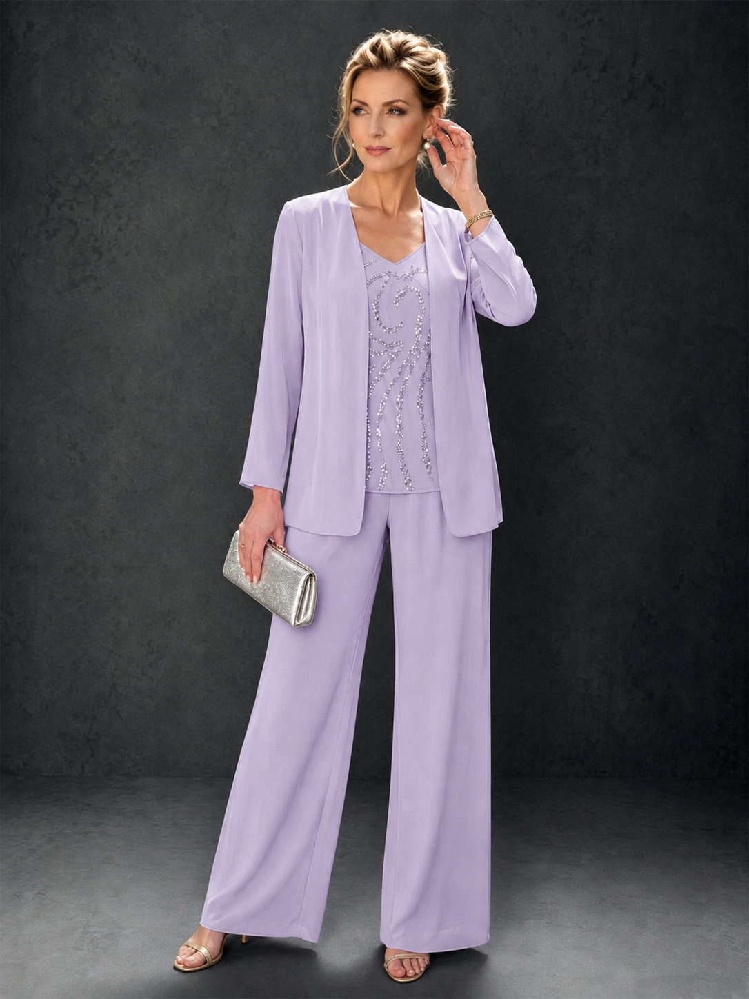 BOLODOO Lilac 3-Piece Mother of the Bride Pant Suit with Beaded Top & Chiffon Jacket - Lilac