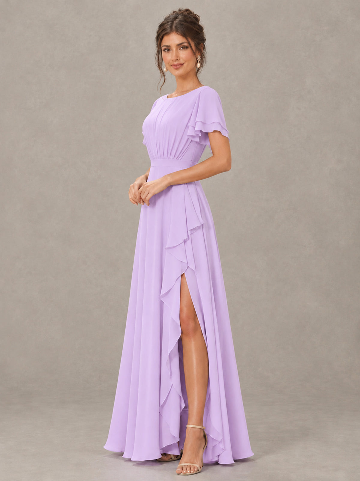 BOLODOO Lilac Flutter Sleeve Ruffle Bridesmaid Dress with Slit - Lilac - Lilac (3)