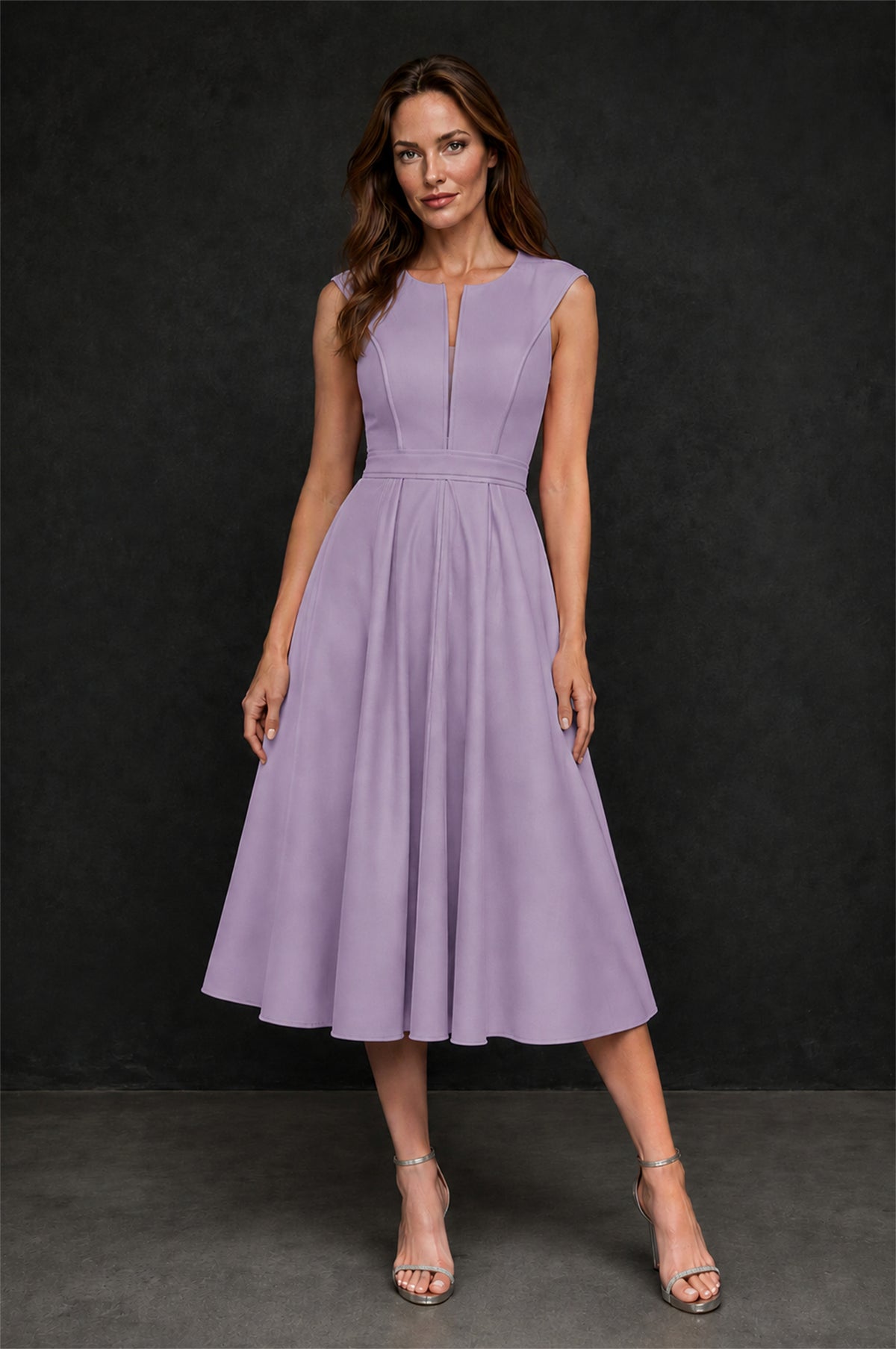BOLODOO Lilac 3D Rosette Appliqué 3/4 Sleeve Jacket & V-Notch Sleeveless A-Line Tea-Length Two-Piece Dress Set - Lilac