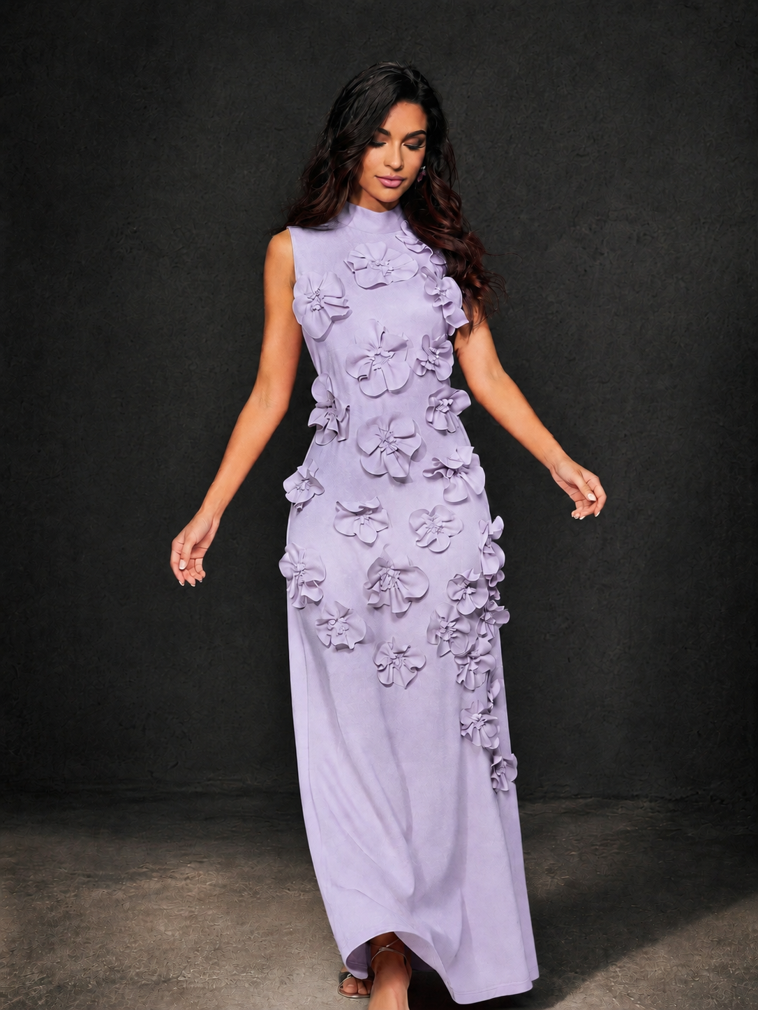 BOLODOO Lilac Mock Neck Sleeveless 3D Floral Appliqué Maxi Dress with Bow Back - Lilac