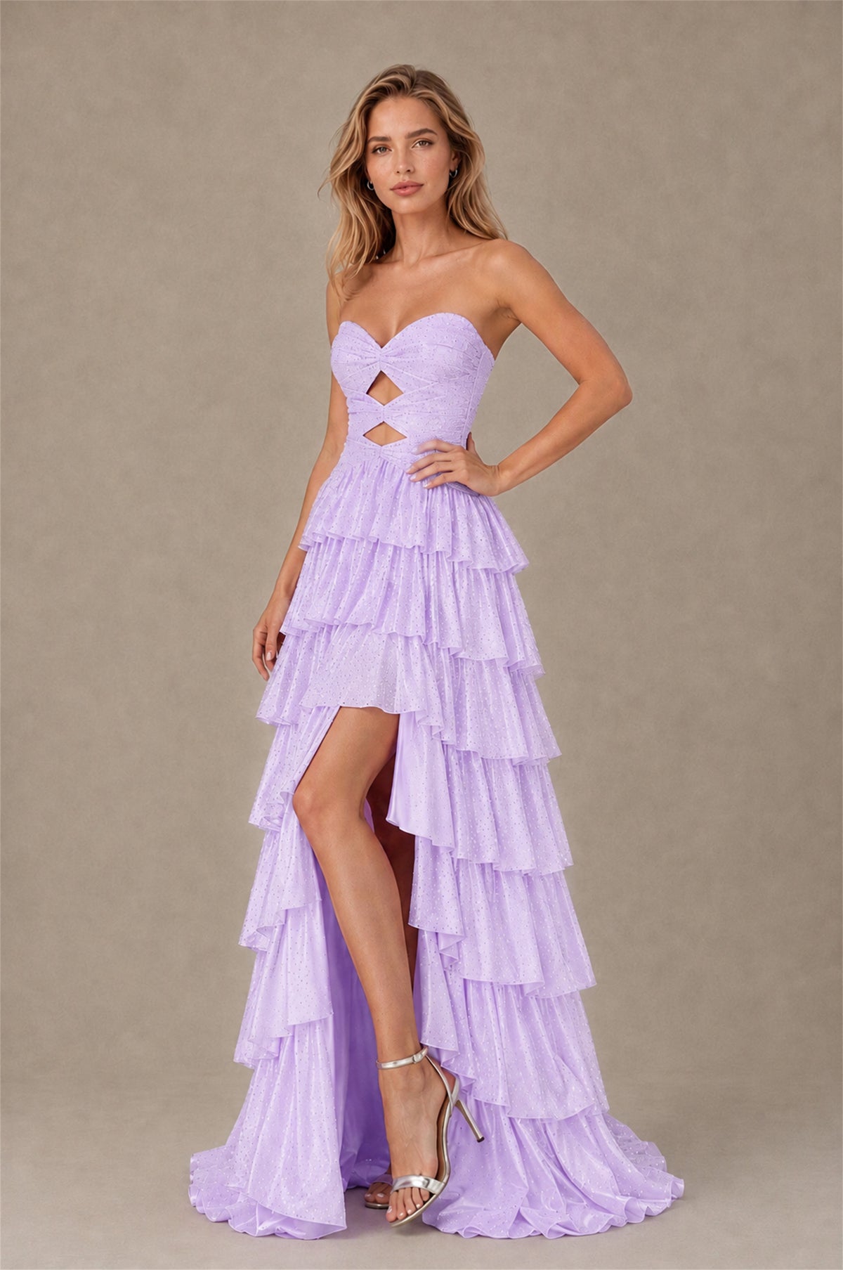 BOLODOO Lilac Strapless Cutout Tiered Ruffle Prom Dress with High Slit - Lilac - Lilac (3)