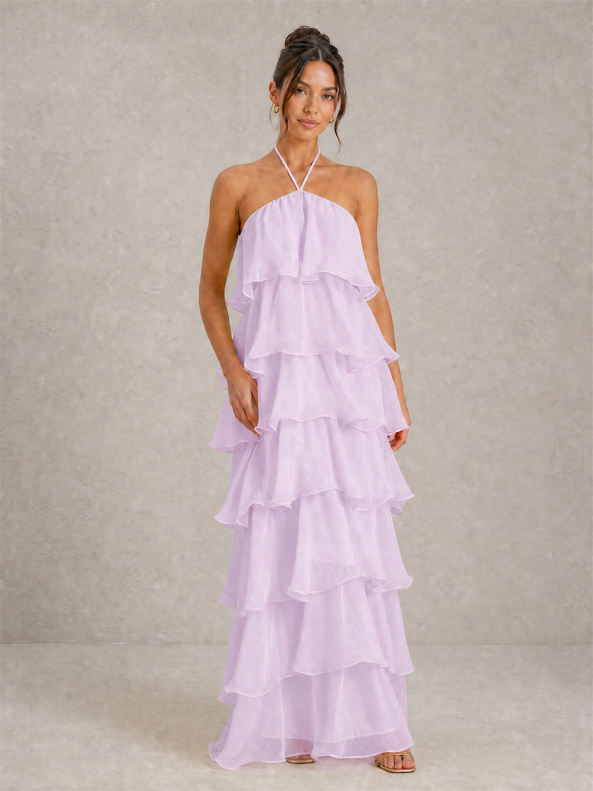 BOLODOO Lilac Halter Tiered Ruffle Chiffon Maxi Dress - Lilac
