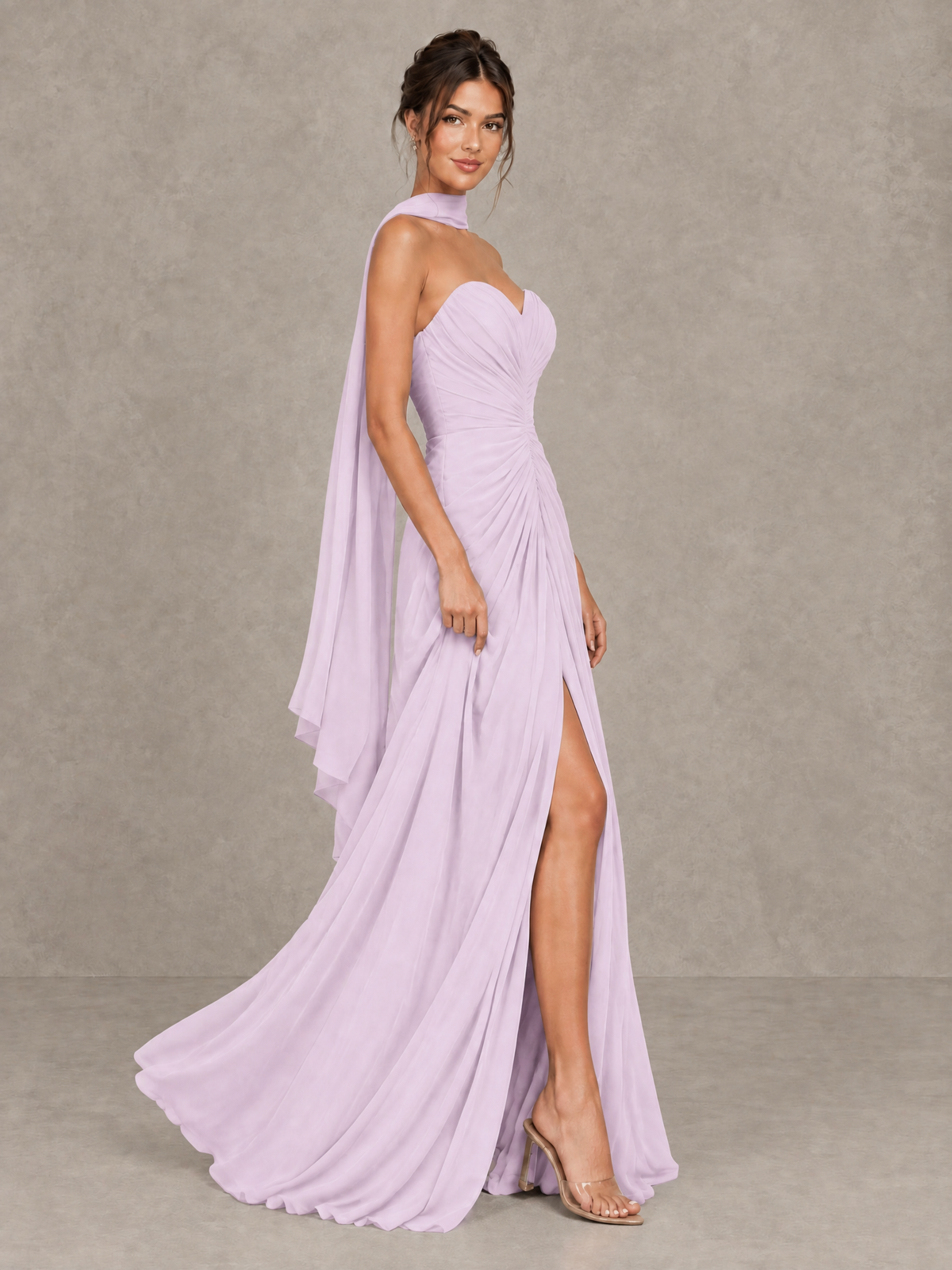 BOLODOO Lilac Strapless Ruched Maxi Dress with Scarf and Slit - Lilac