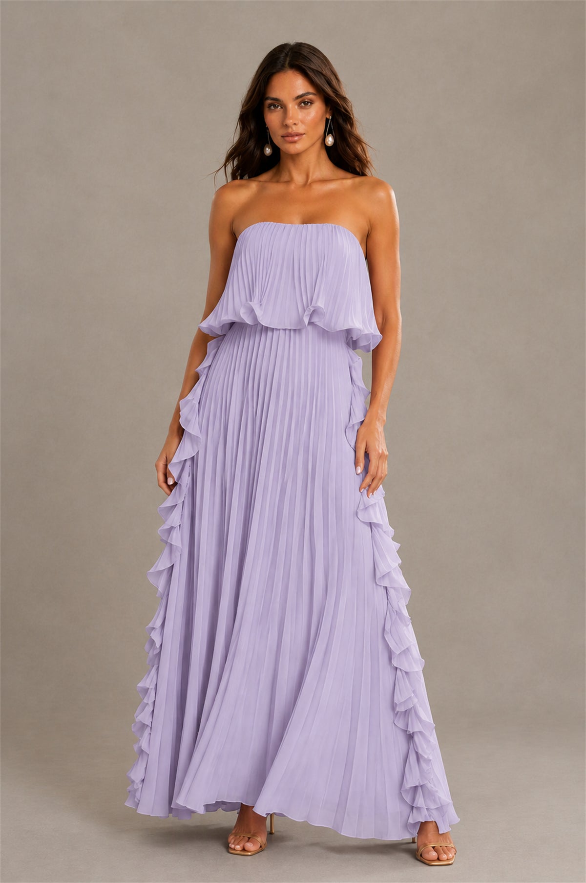 BOLODOO Lilac Strapless Ruffle Bodice Dual Cascading Ruffle Accordion Pleated Chiffon Maxi Dress - Lilac