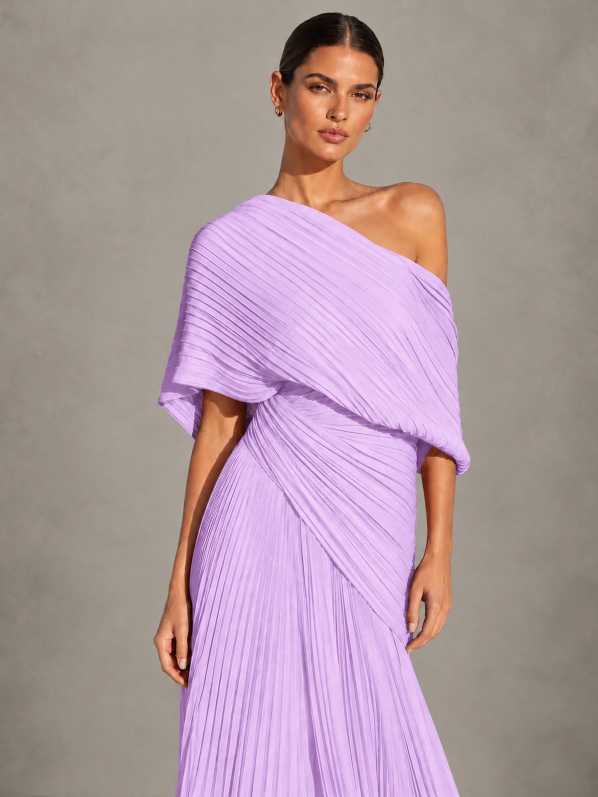 BOLODOO Lilac One-Shoulder Pleated Cape Evening Gown with Train - Lilac - Lilac (3)