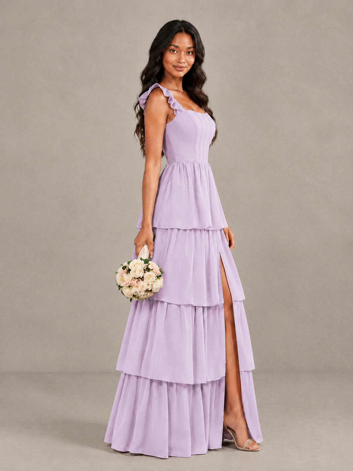 BOLODOO Lilac Tiered Maxi Bridesmaid Dress with Slit - Lilac