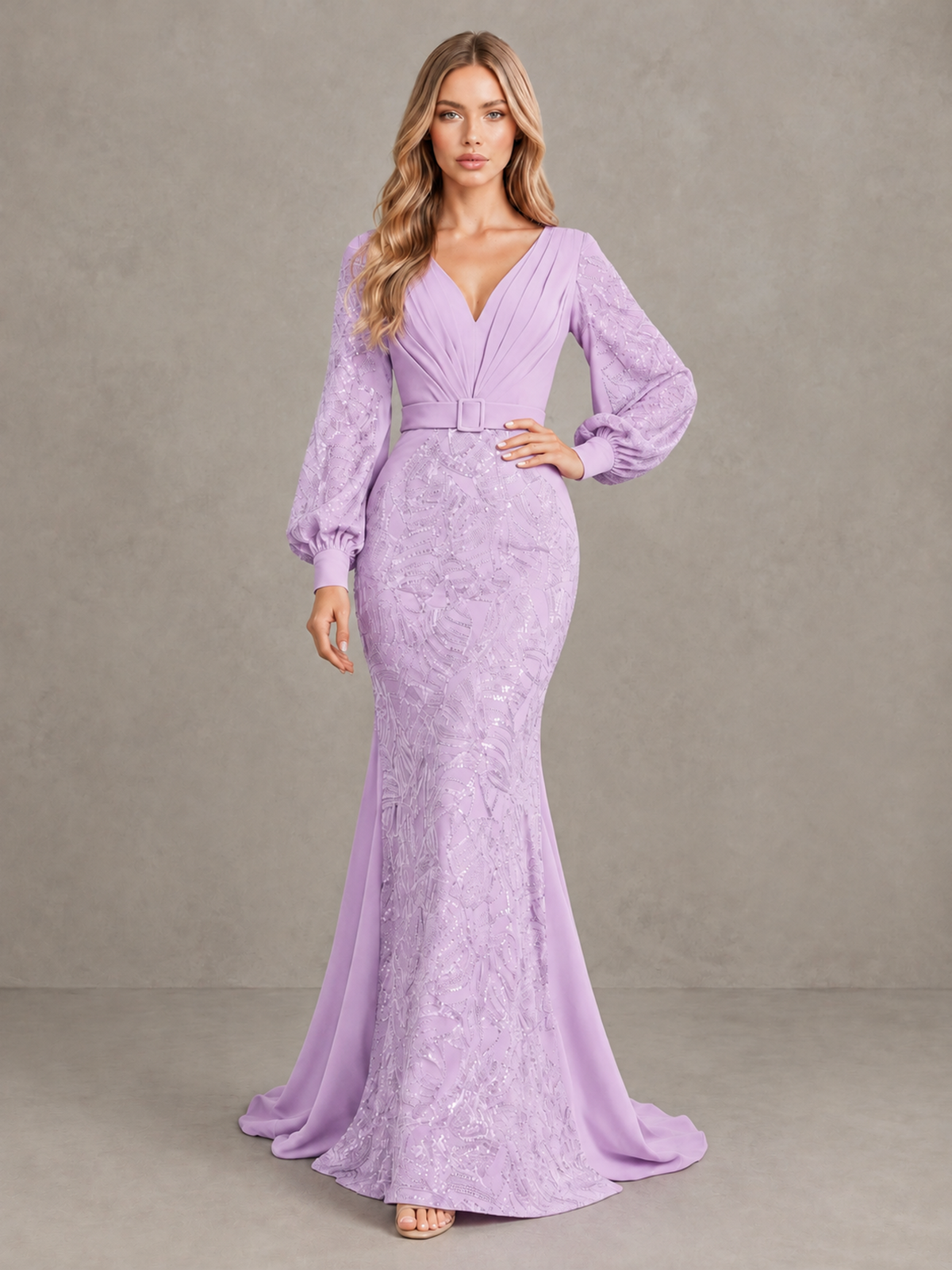 BOLODOO Lilac Sequin Long Bishop Sleeve Mermaid Evening Dress - Lilac - Lilac (3)