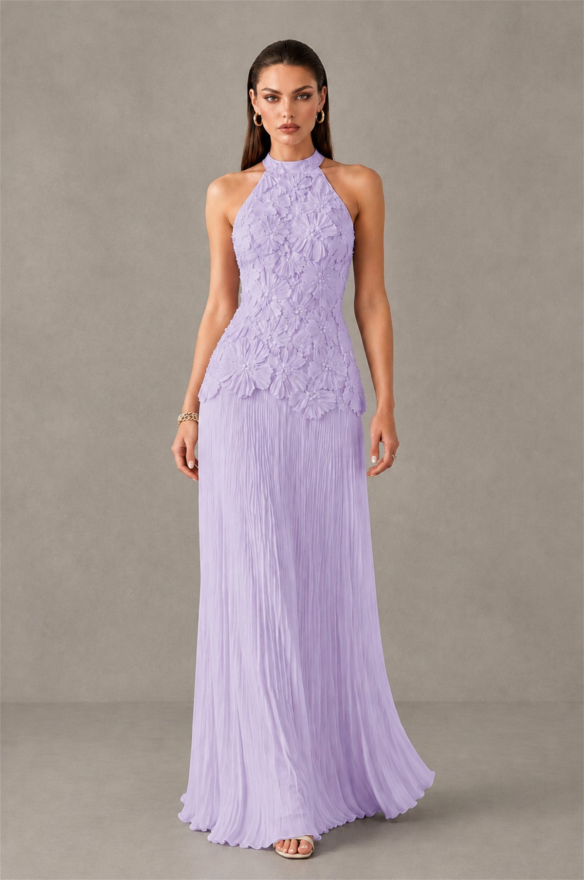 BOLODOO Lilac 3D Floral Applique Halter Neck Open Back Pleated Maxi Dress - Lilac