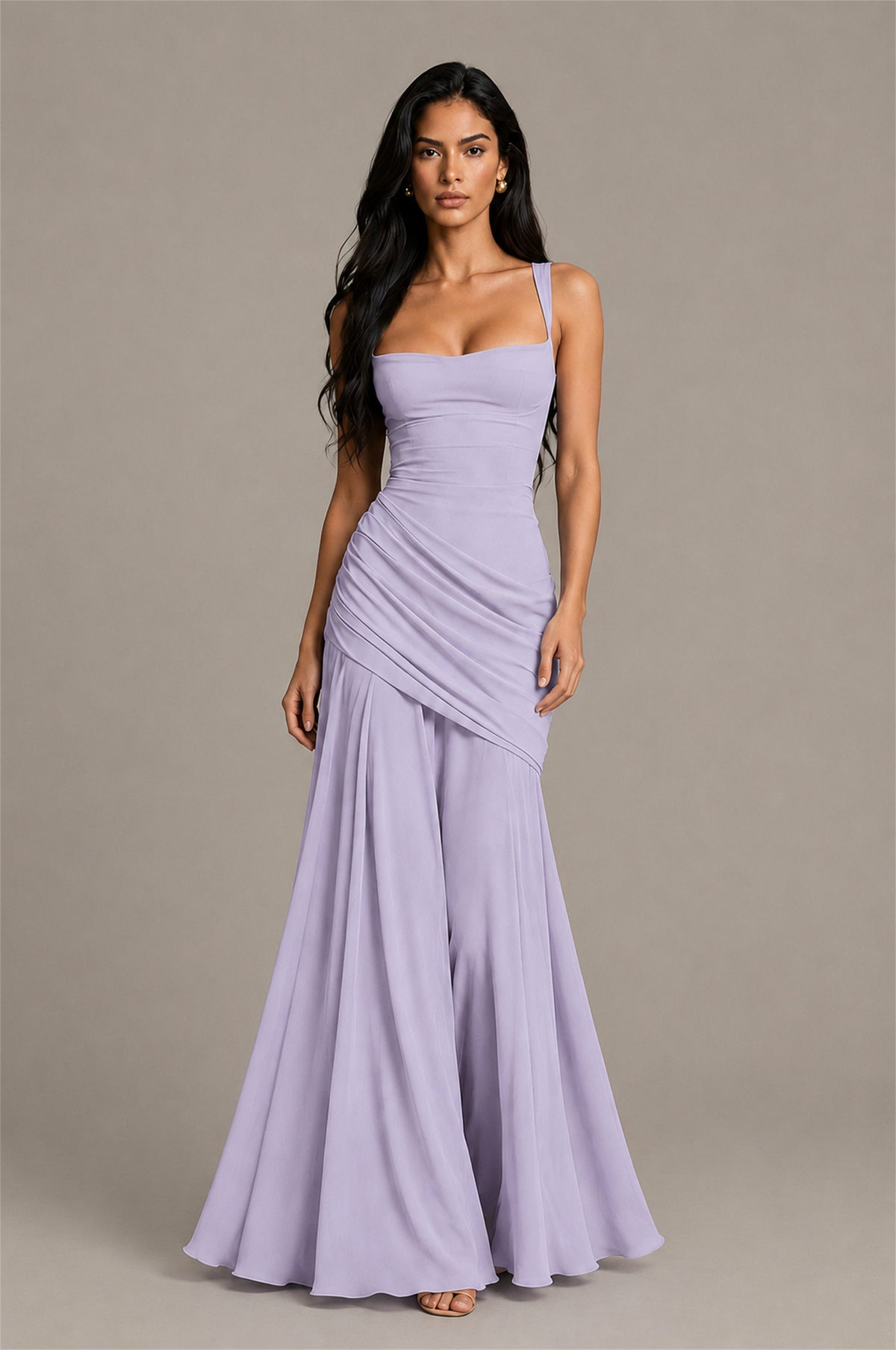 BOLODOO Square Neck Ruched A-Line Maxi Dress - Lilac Backless Evening Gown - Lilac
